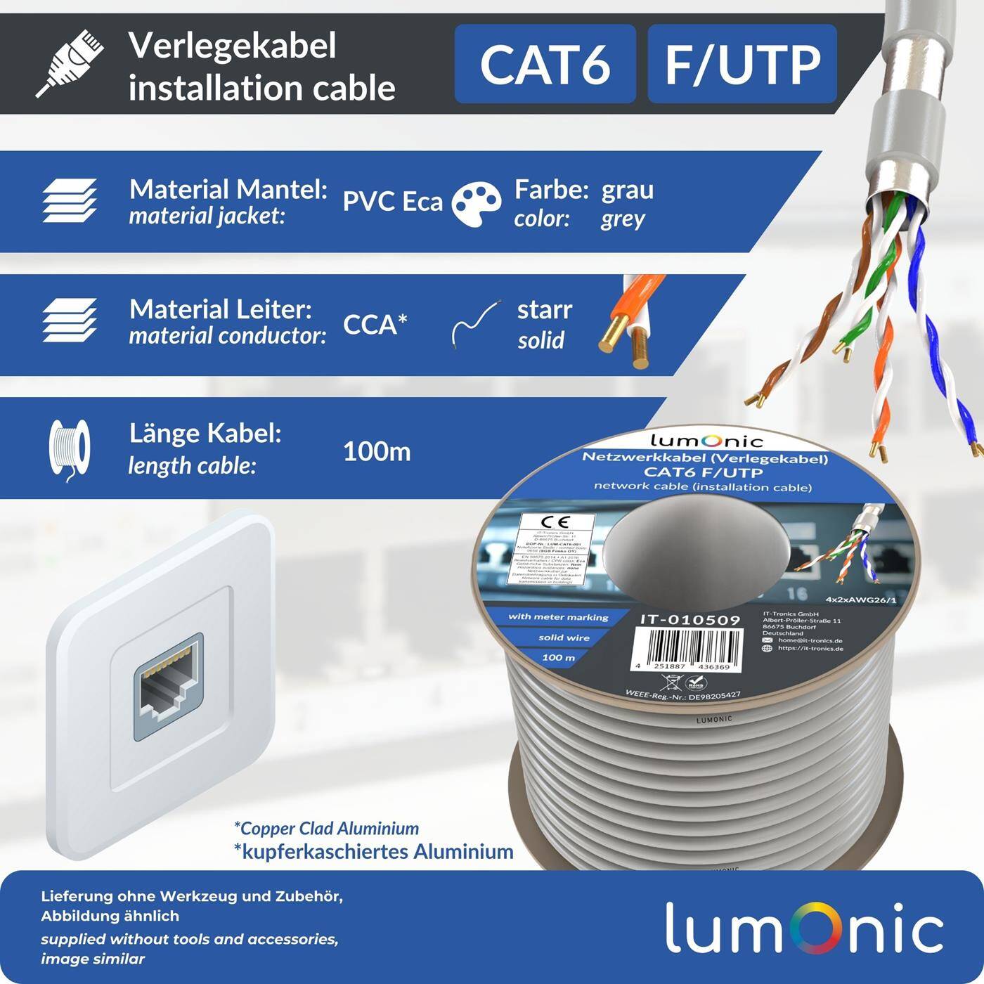 Lumonic LAN Netzwerkkabel 100m | LAN Kabel CAT6 F/UTP | Verlegekabel 4x 2x AWG26/1 (starr) | 250MHz 10 Gbit/s Ethernet