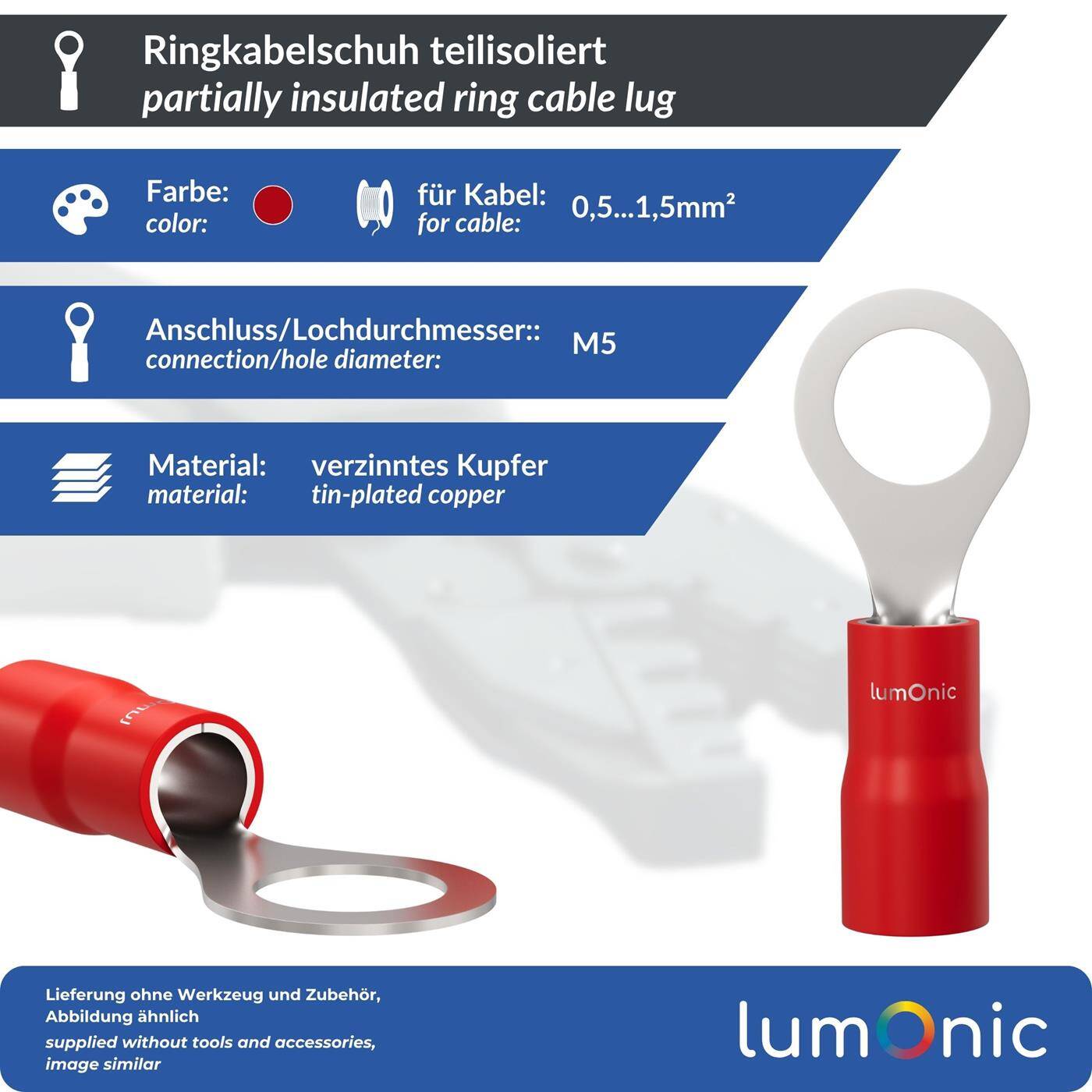 Lumonic 25x Ring cable lug 0,5-1,5mm² Partially insulated | M5 | Tinned copper | Secure cable connection without soldering | Set, crimp cable lug, crimp connector, eyelet | Motor vehicle, mechanical engineering, motorhome, battery