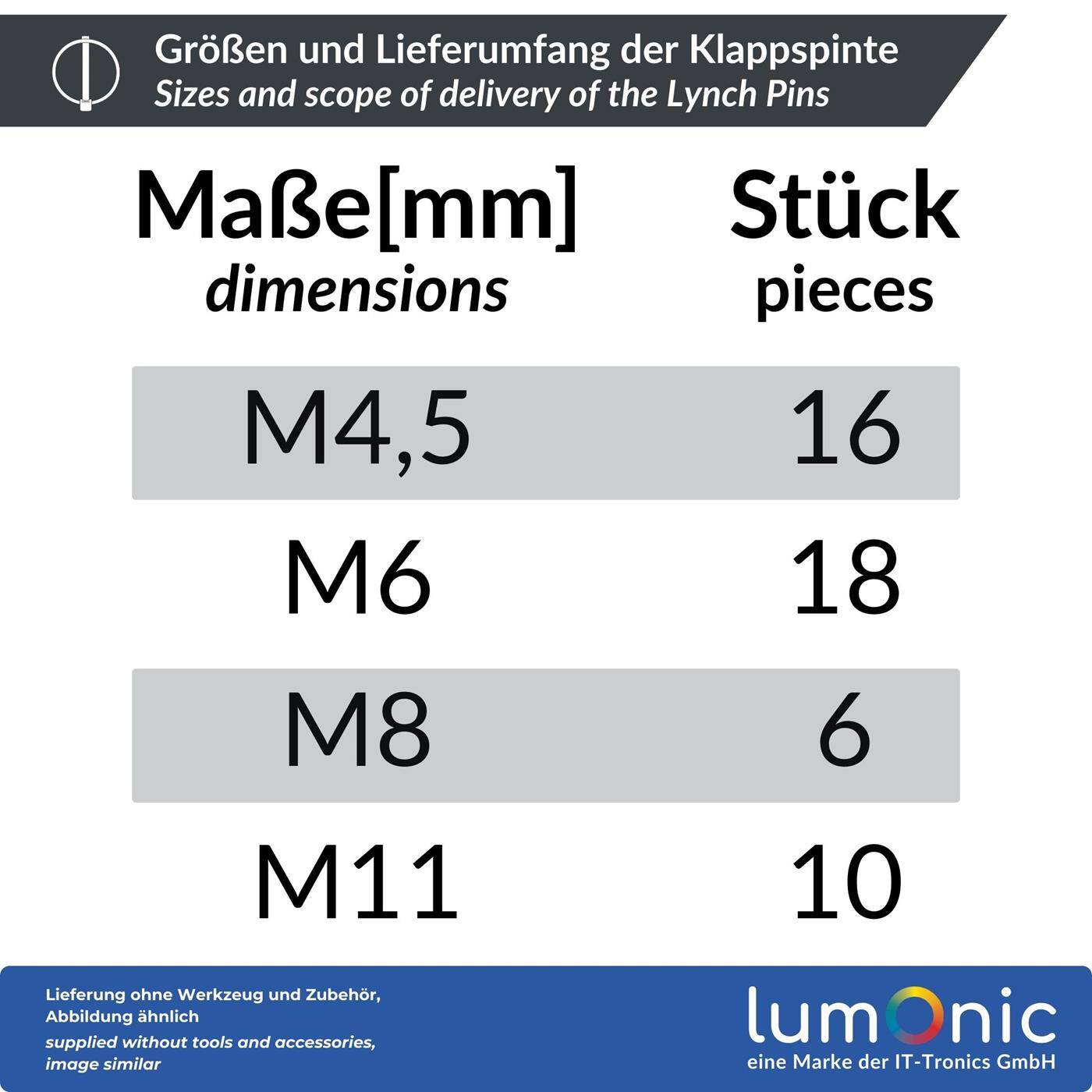 Lumonic Klappsplint Sortiment | 50 Teile, 4 Größen M4,5-M11 | Lynch Pin Schnellverschluss Stahl verzinkt | werkzeuglos wiederverwendbar | in praktischer Sortimentsbox