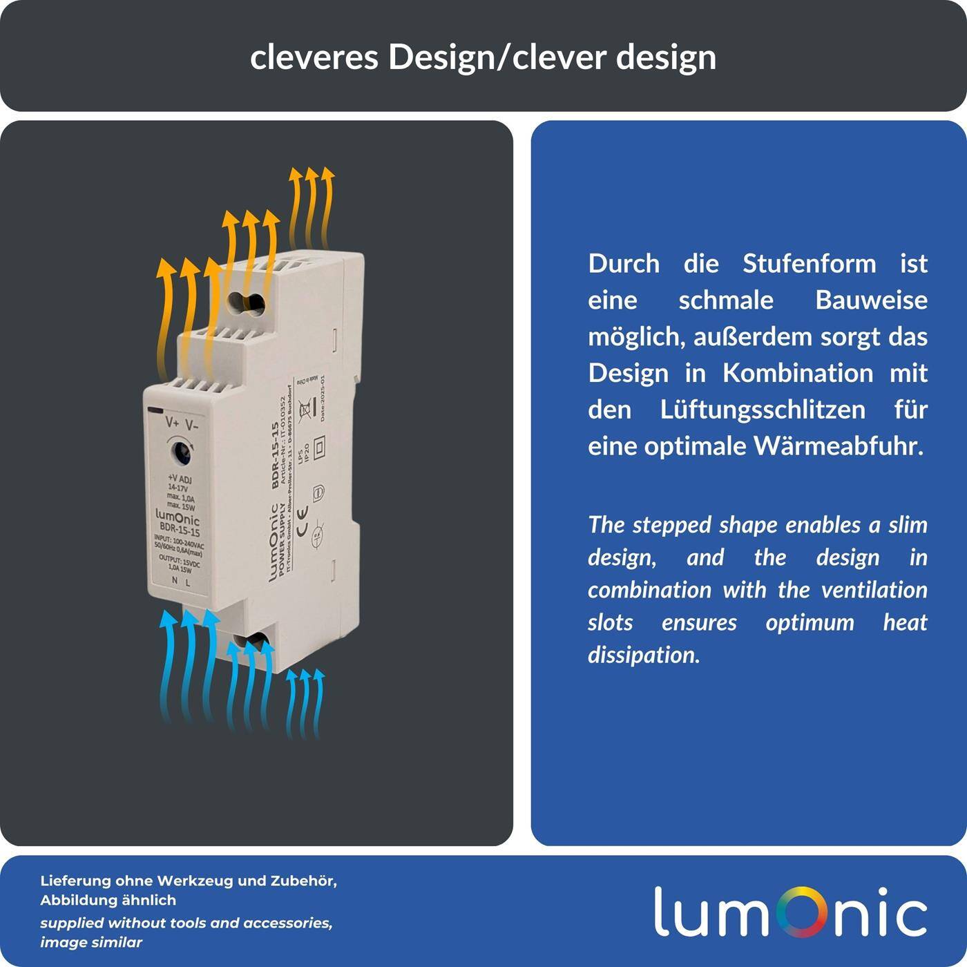 Lumonic I Top-hat rail power supply unit BDR-15-15 I 15V / 15W I Input 100-240VAC I Overload protection I DIN-Rail switching power supply I Switch cabinet