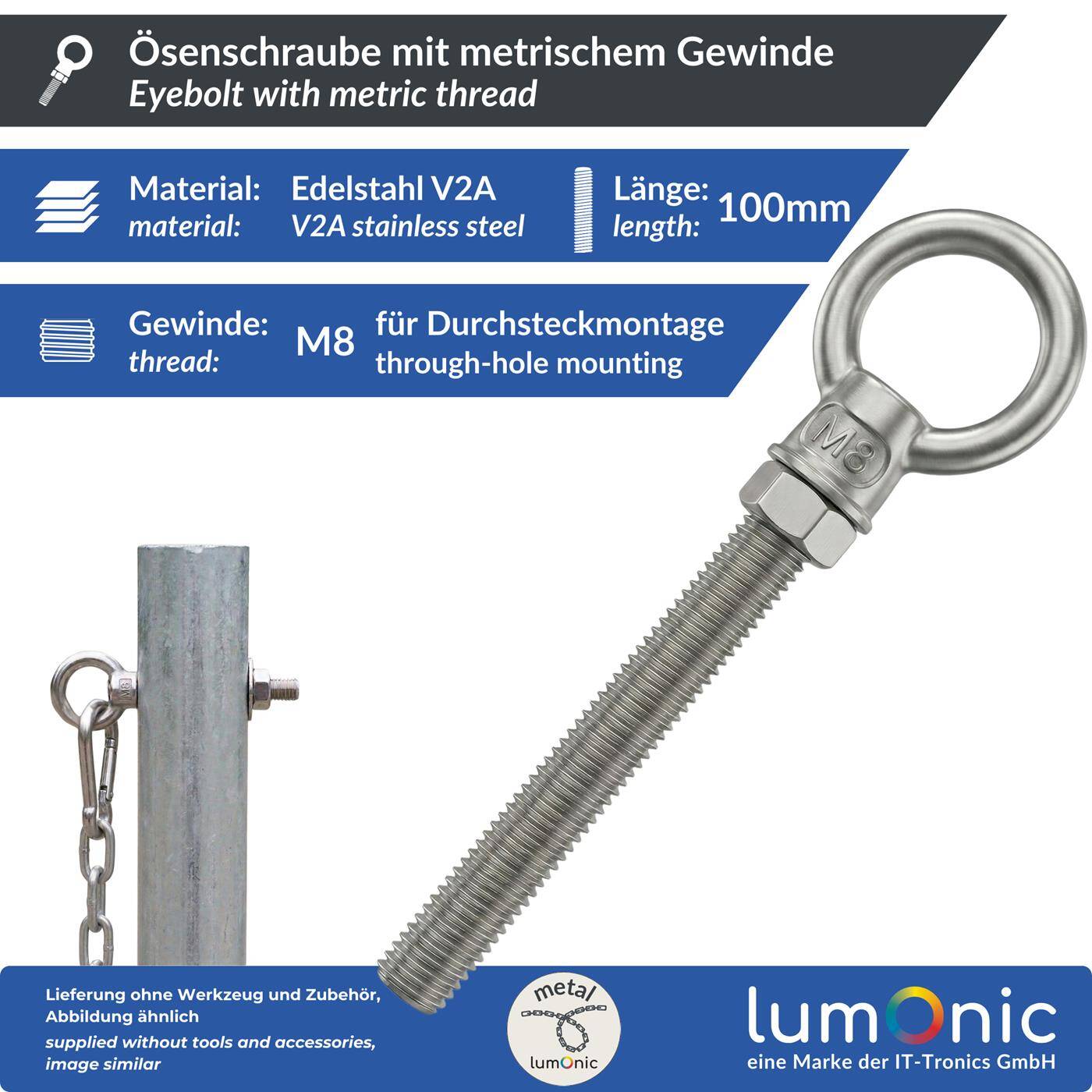 Lumonic Eye bolt V2A stainless steel incl. nut + washer | M8x100mm |  | Push-through mounting | Eyebolt for awning, hammock, swing + chains