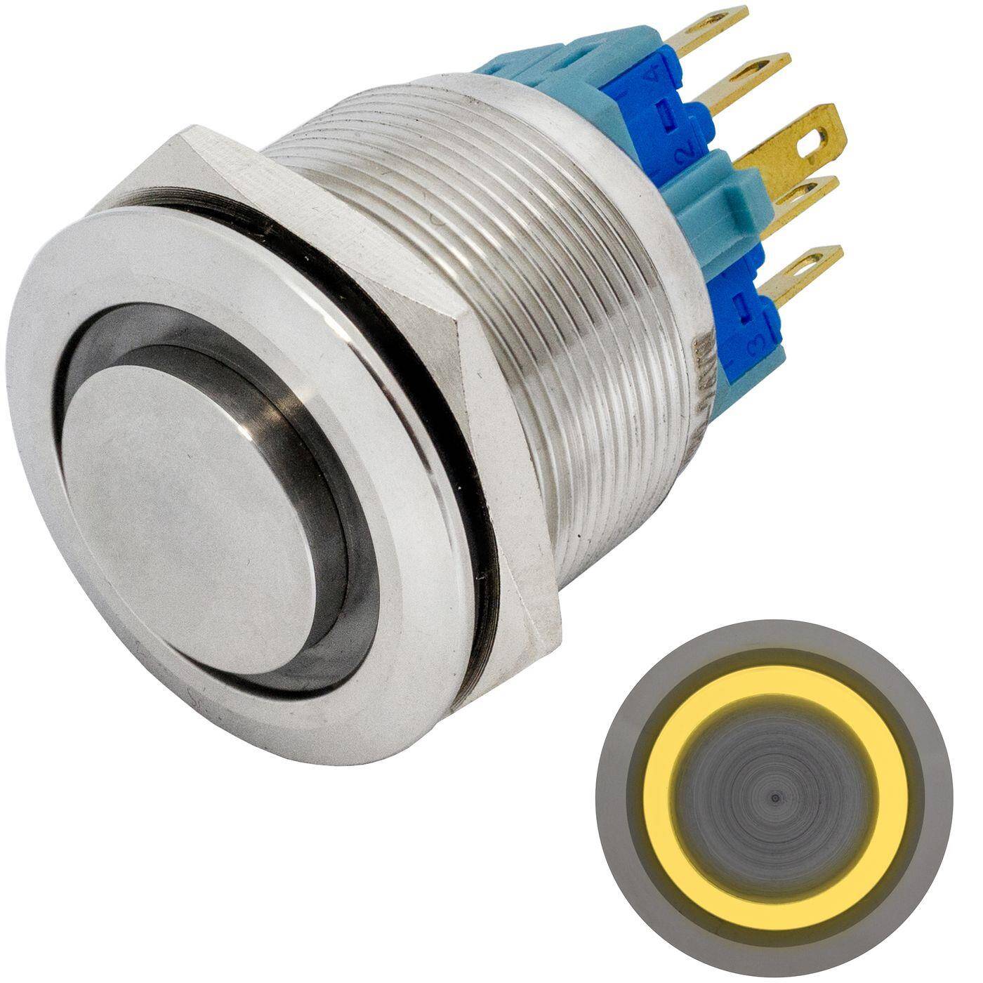 Edelstahl Druckschalter erhaben Ø25mm Ring LED Gelb IP65 2,8x0,5mm Pins 250V 3A Vandalismussicher