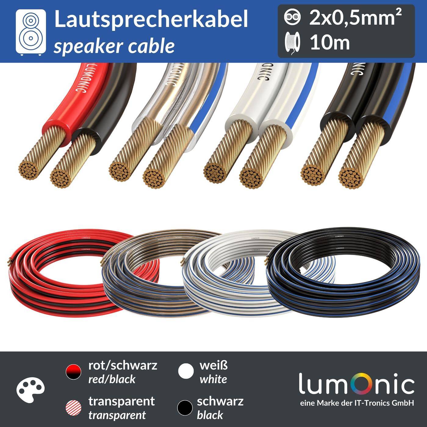 10m Lautsprecherkabel 2x 0,5mm² Rot Schwarz CCA HiFi Boxenkabel Audio Zwillingsleitung