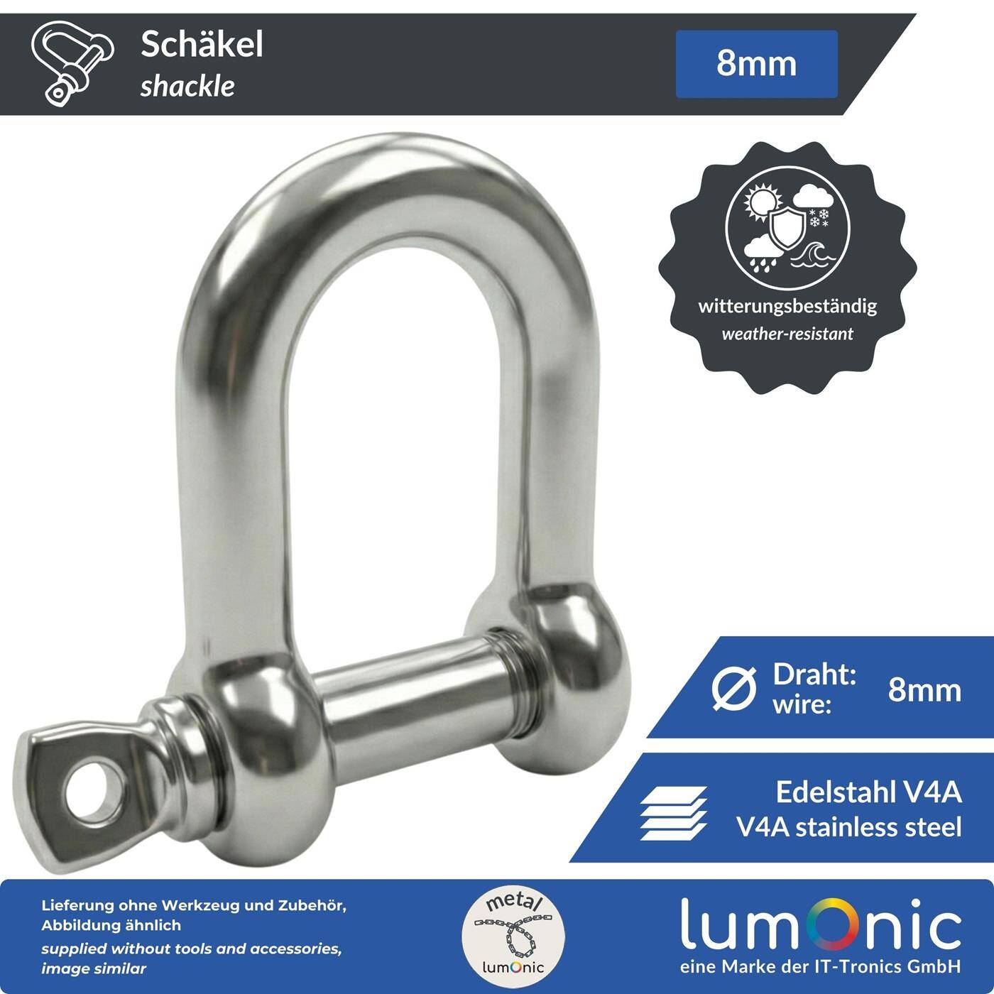 Lumonic Shackle V4A stainless steel | 8mm | Stainless + seawater resistant | Smooth-running thread | D-shackle for hammock, awning, rigging, chains