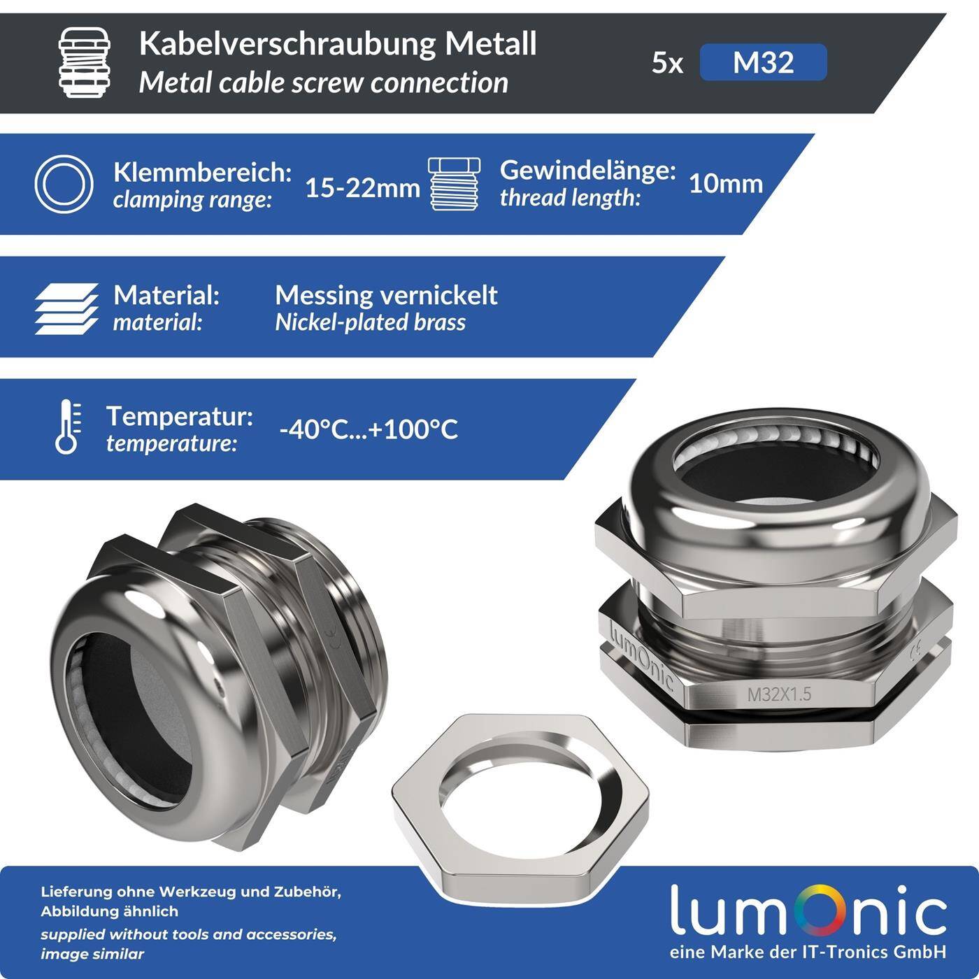 5er Set Kabelverschraubung Metall M32, Klemmbereich 15-22mm, IP68, mit Gegenmutter, Messing vernickelt, EMV, -40…+100°C, entspricht PG21