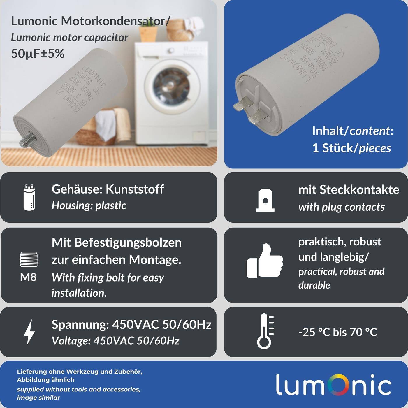 Lumonic Anlaufkondensator 50µF 450V | mit Stecker I 45x100mm I 50uF I Motorkondensator mit Kunststoffgehäuse I Betriebskondensator I für Pumpen, Rasenmäher, Werkzeuge
