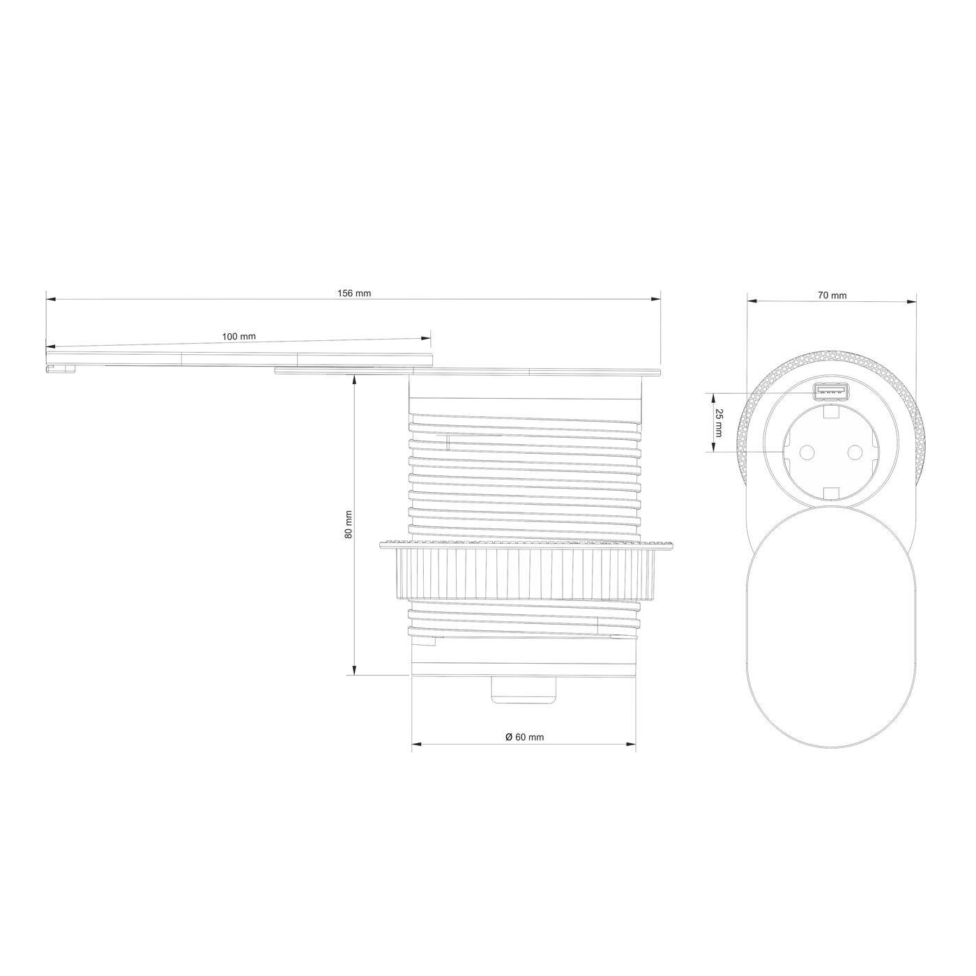 SlideBox Protective contact Socket outlet + USB 2,4A Table socket outlet Drill hole 68mm Aluminium