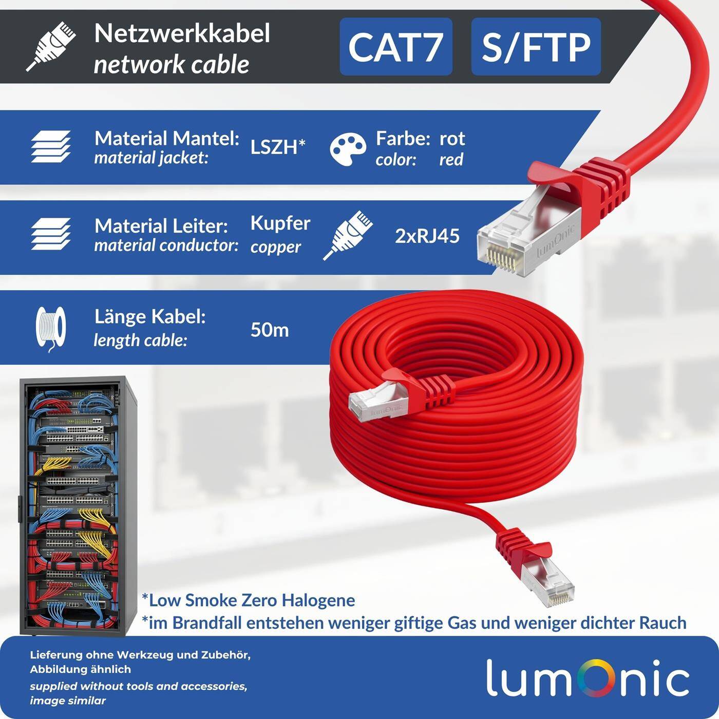 Lumonic CAT7 Patchkabel S/FTP 50m | RJ45 | Rot | Ethernet LAN | Netzwerkkabel