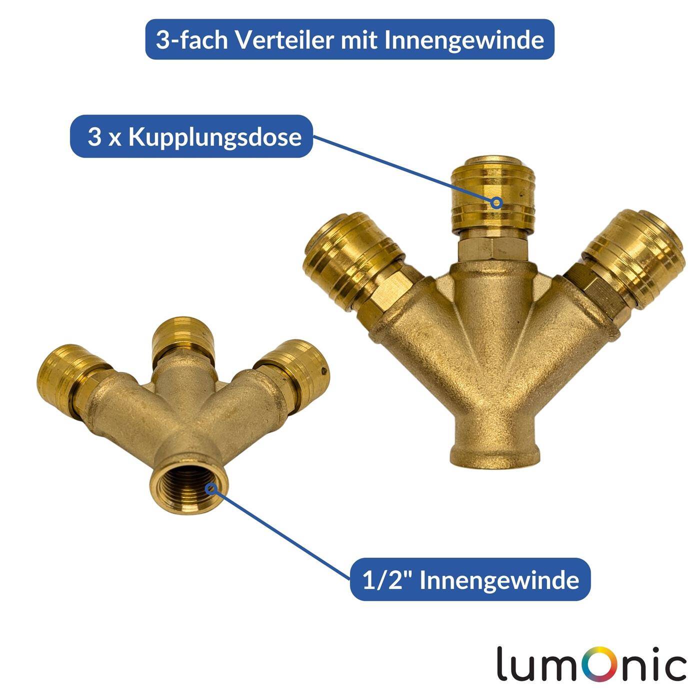 Lumonic I Compressed air distributor 3-fold I with internal thread 1/2" I made of brass I Compressed air distributor I Compressed air diverter I Quick coupling I Multiple distributor I for workshops, businesses and DIY enthusiasts