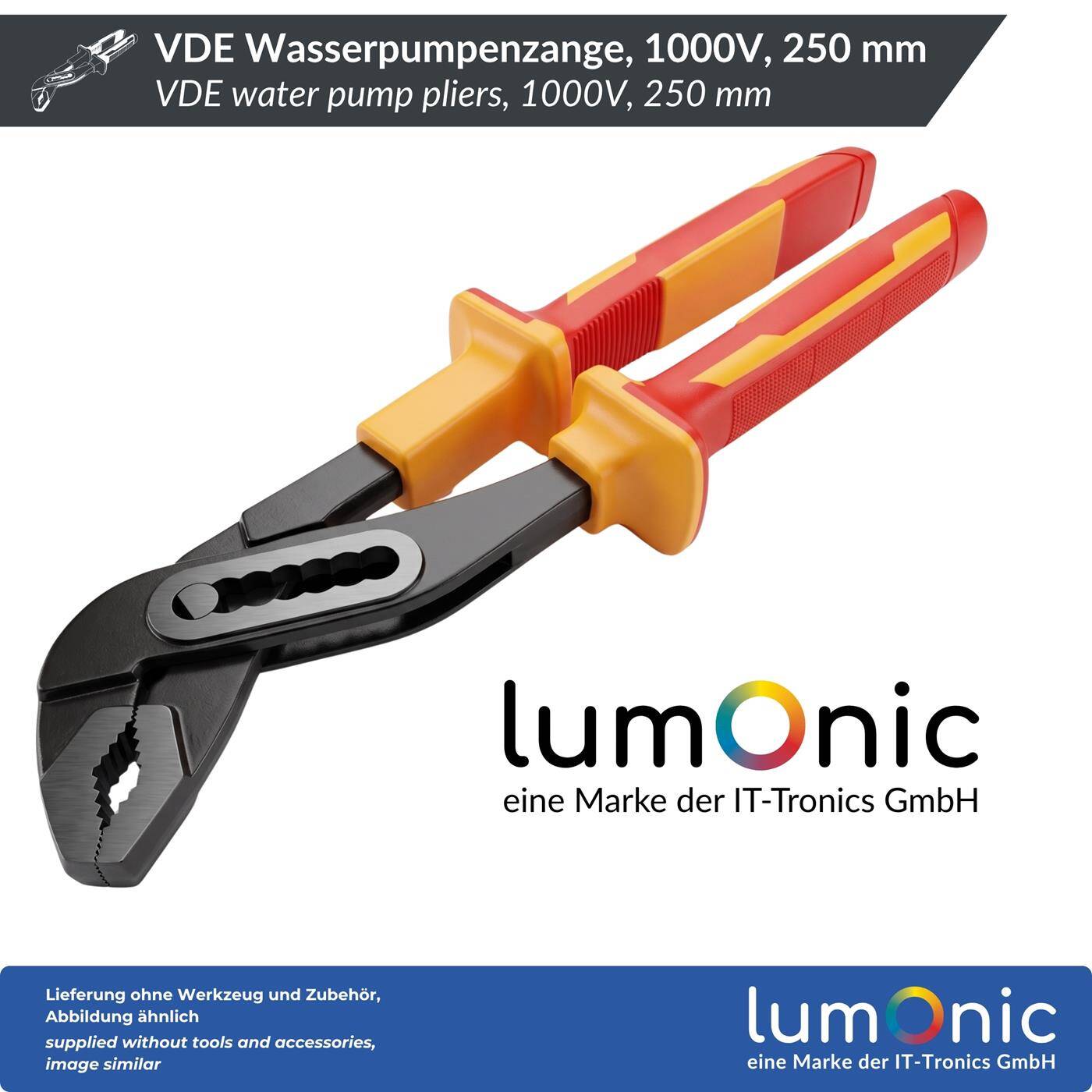 Lumonic VDE Water Pump Pliers 1000V, 250 mm - Box joint with locking nut, jaw opening up to 36 mm, 60CrV steel, for electrical and plumbing work
