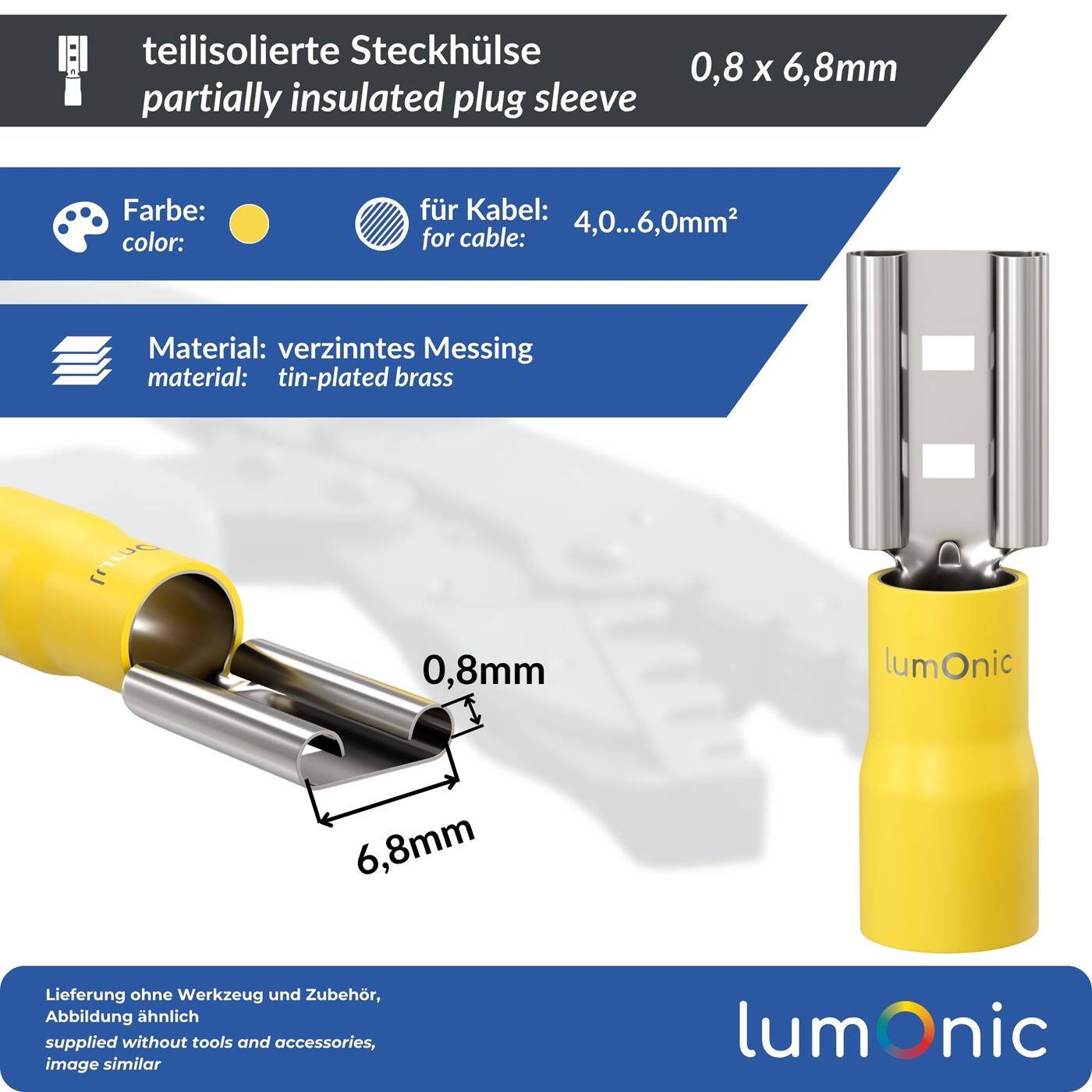 25x Flat receptacle partially insulated 4-6mm² Plug-in dimension 0,8x6,8mm Yellow for flat plug Brass tinned 25x Flat receptacle partially insulated 4-6mm² Plug-in dimension 0,8x6,8mm Yellow for flat plug Brass tinned