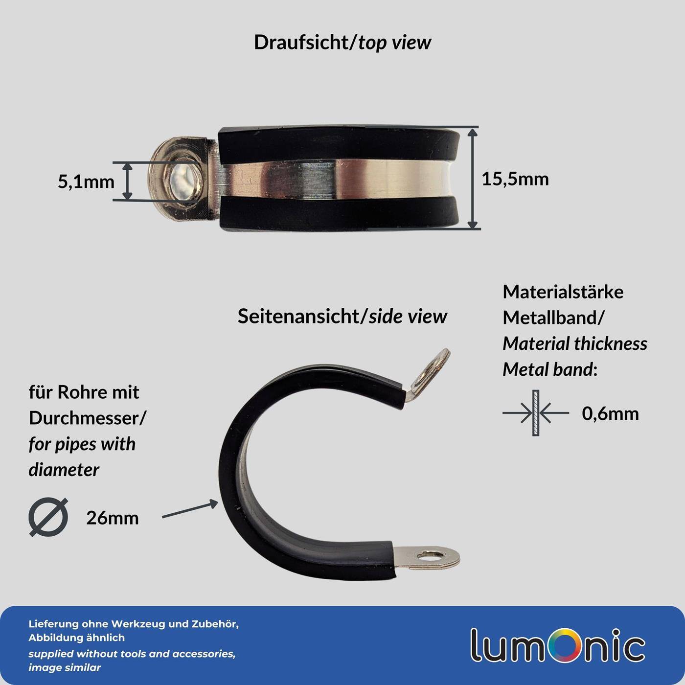Lumonic 5x 26mm Rohrschellen mit Gummieinlage Edelstahl V2A I Kabelschellen zum Schrauben I Schlauchschelle 26mm, Rohrschellen, Befestigungsschelle 26mm, Rohrhalterung