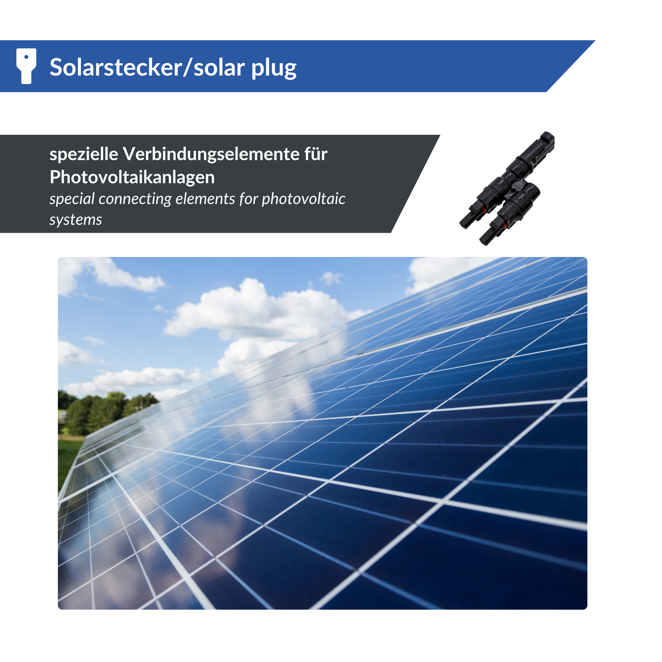 Unter leicht bewölktem Himmel ist ein Solarpanel mit blau reflektierender Oberfläche zu sehen. Oben rechts illustriert eine kleine Abbildung eines Kabelverbinders dessen Einsatzzweck. Deutscher und englischer Text beschreibt die speziellen Verbindungselem