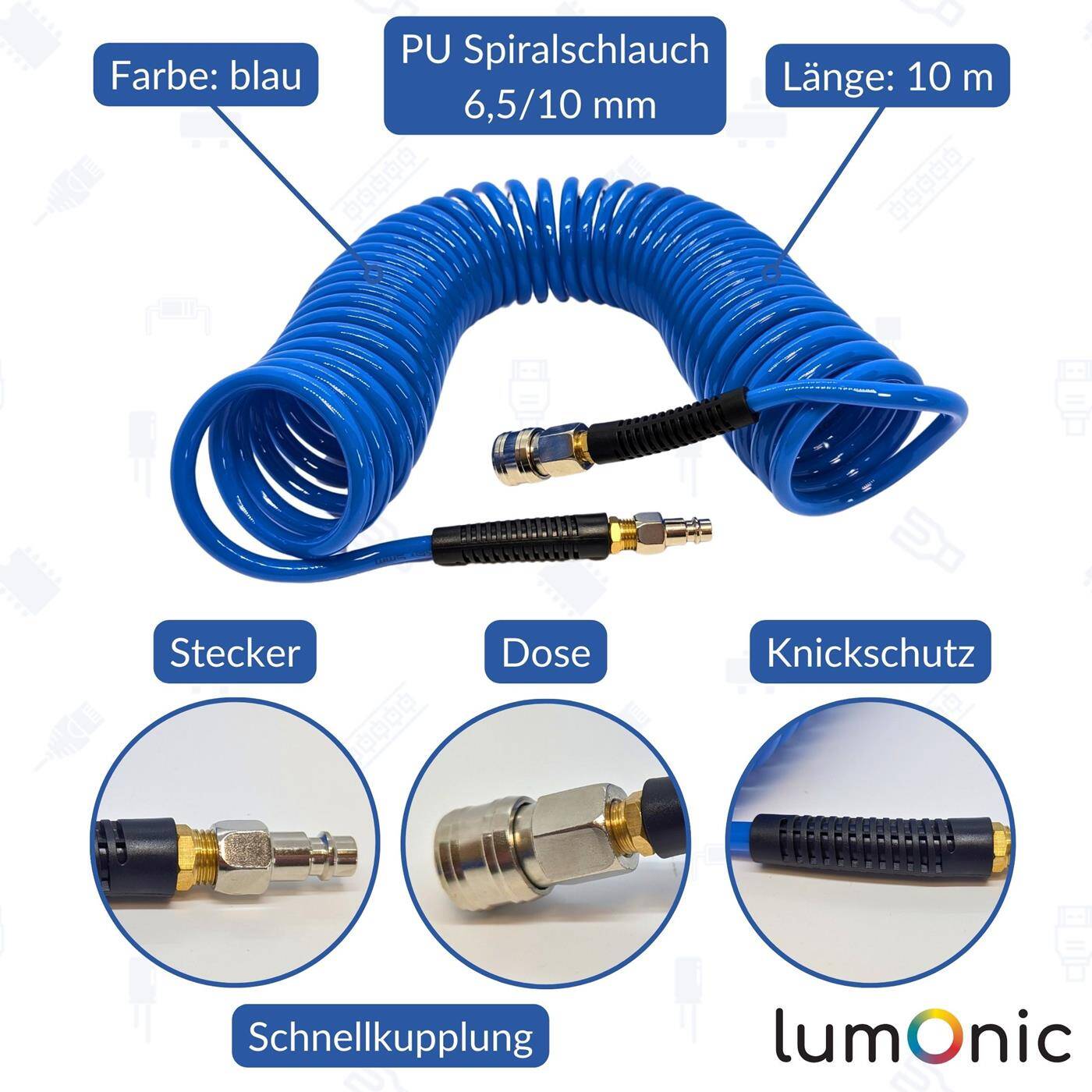 PU spiral hose Premium with quick coupling 6,5mm/10mm 10m for compressors and pneumatic tools flexible, abrasion-resistant Compressed air extension Can
