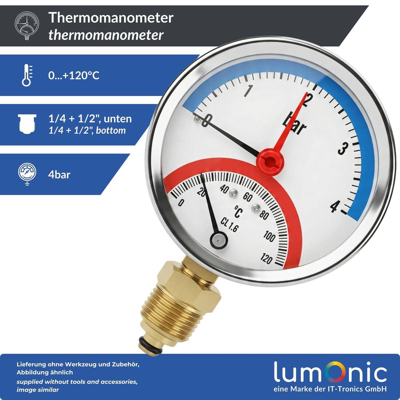 Lumonic Thermomanometer 4bar 0-120°C | 1/4 + 1/2 inch (adapter) | Bottom connection | Ø 80mm, large scale | Heating pressure gauge | Metal housing