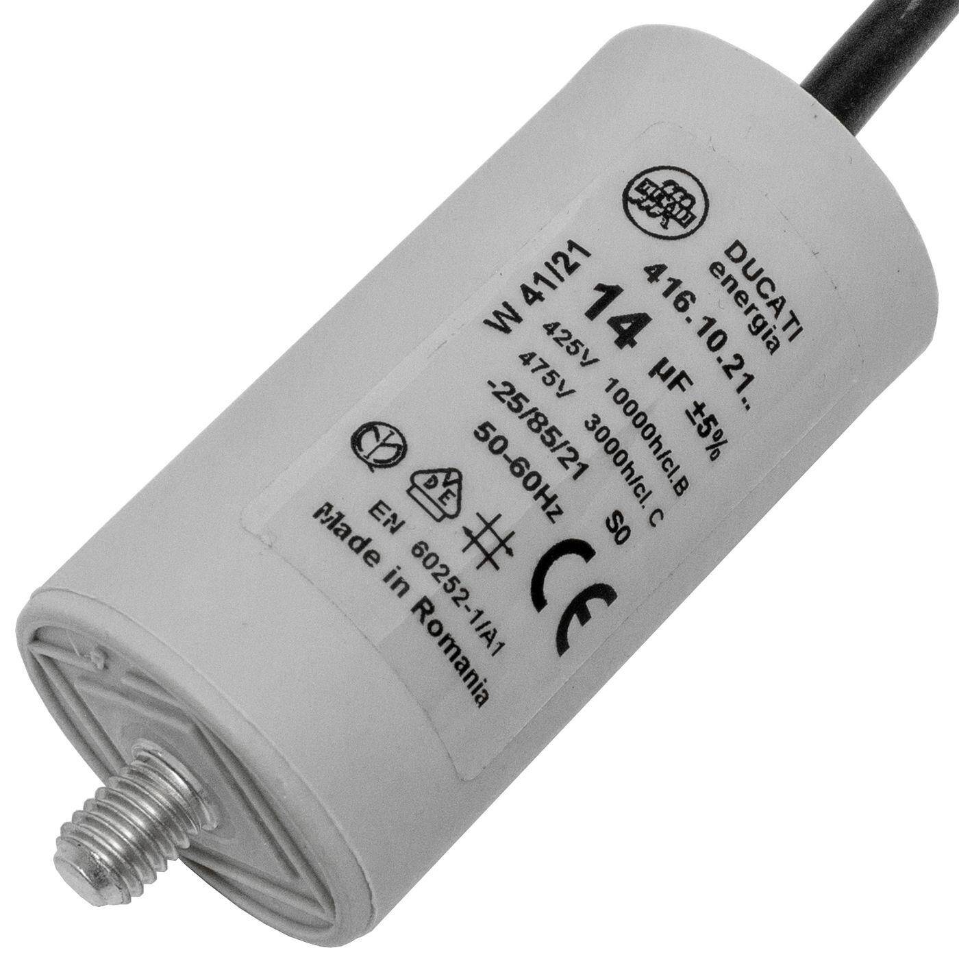 Anlaufkondensator Motorkondensator 14µF 425V 36x70mm Kabel 35cm Ducati 416.10.21 B 14uF