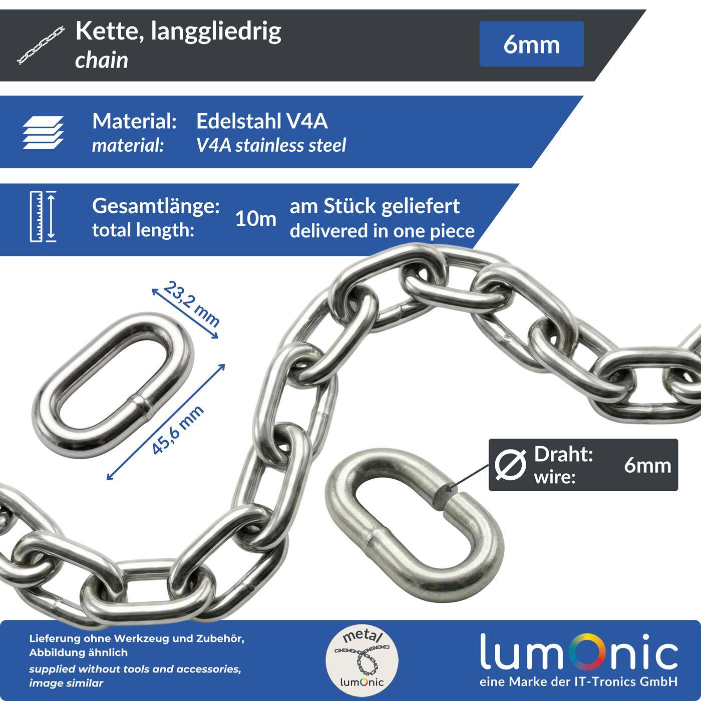 Lumonic 10m Chain V4A stainless steel | 6mm | Long-limbed | Stainless + seawater resistant | Rain chain, hanging basket, barrier chain