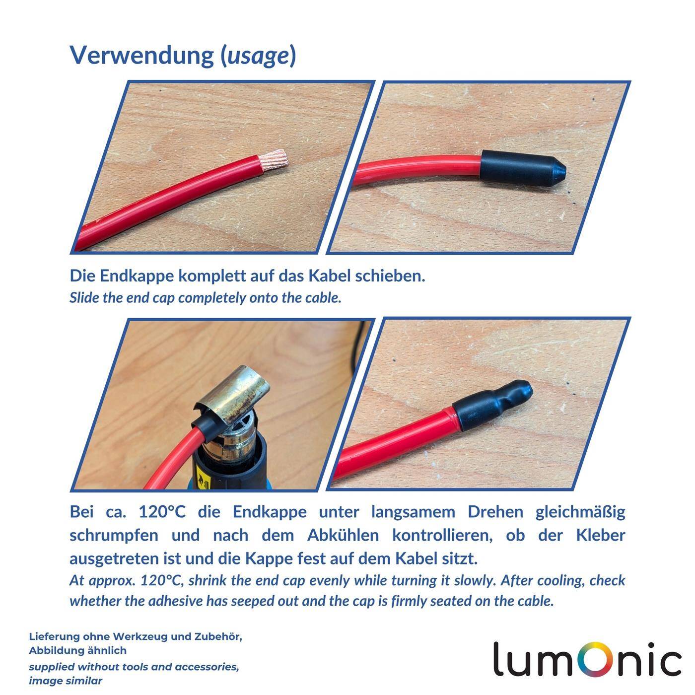 Lumonic I Heat-shrink end cap with adhesive I 20 -> 6mm I black I Ratio 3:1 I cross-linked polyolefin I Shrink cap I for cables, pipes and ropes