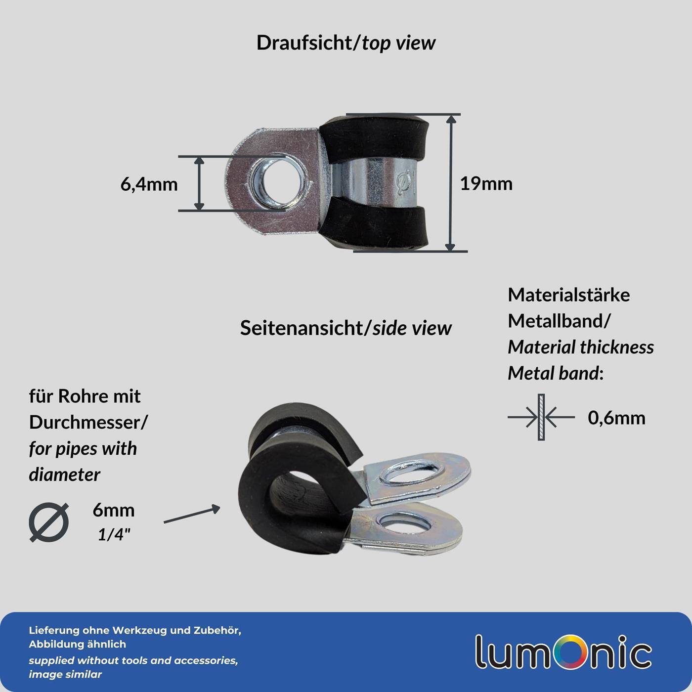 10x P-Clip Leitungsschelle mit Gummi 6mm Rohrschelle Befestigungsschelle