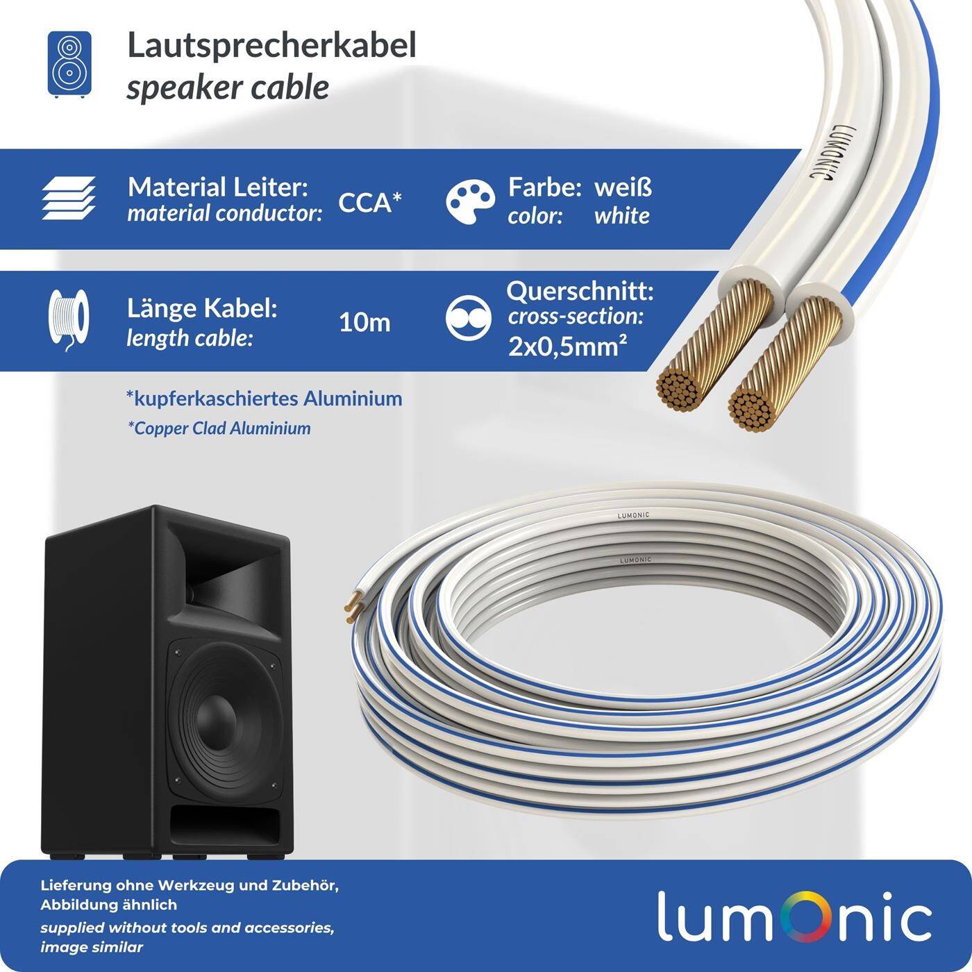 Lumonic Speaker cables | 10m White | 2x 0,5mm² CCA | Blue marking HiFi speaker cable | Audio twin line