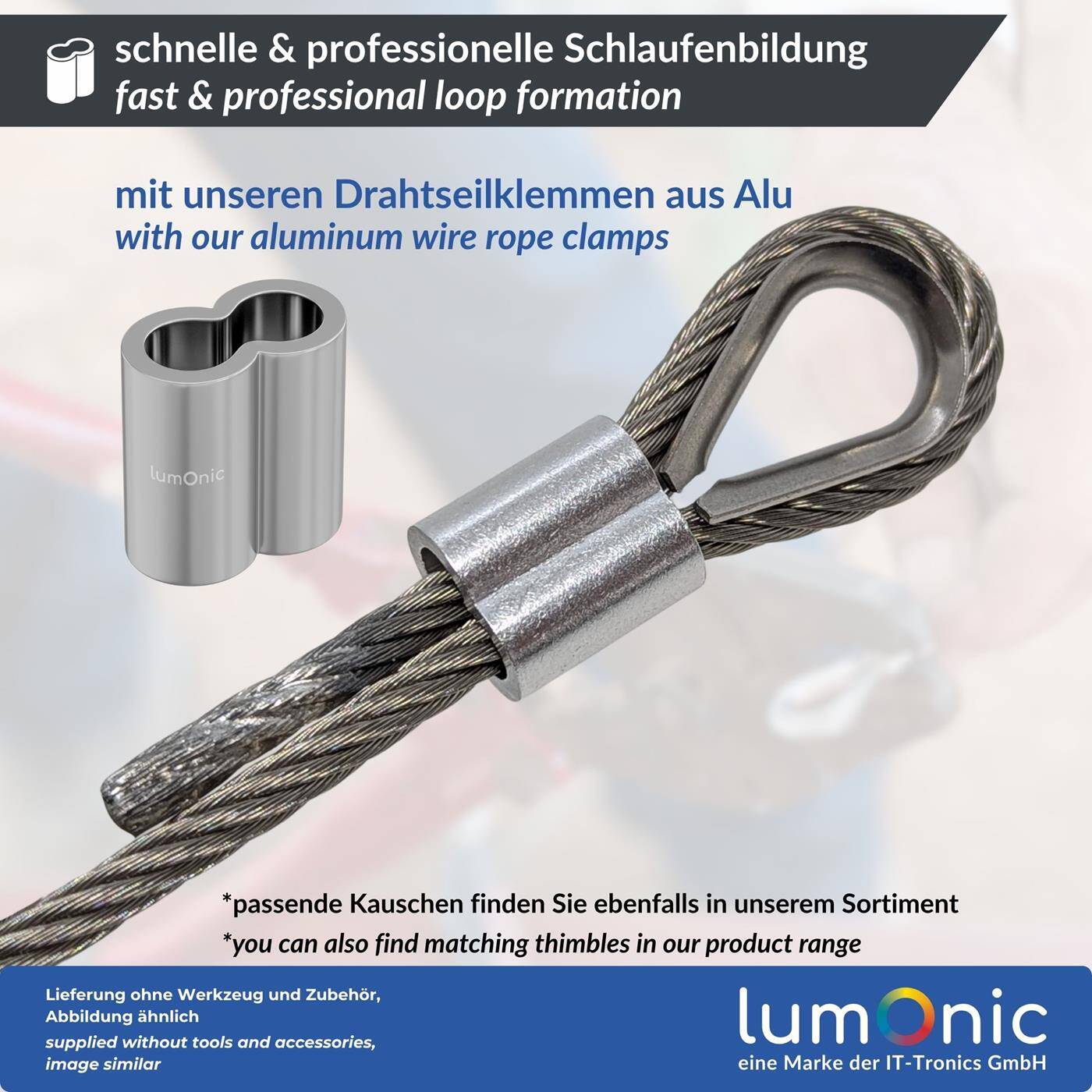 Lumonic Press clamp for Ø1,5mm Wire rope | Aluminium | Double sleeve | Rope clamp, choke clamp for wire rope, rope | Wire rope clamp for climbing support, clothesline, lamps, privacy screen, awning, fence, plant holder