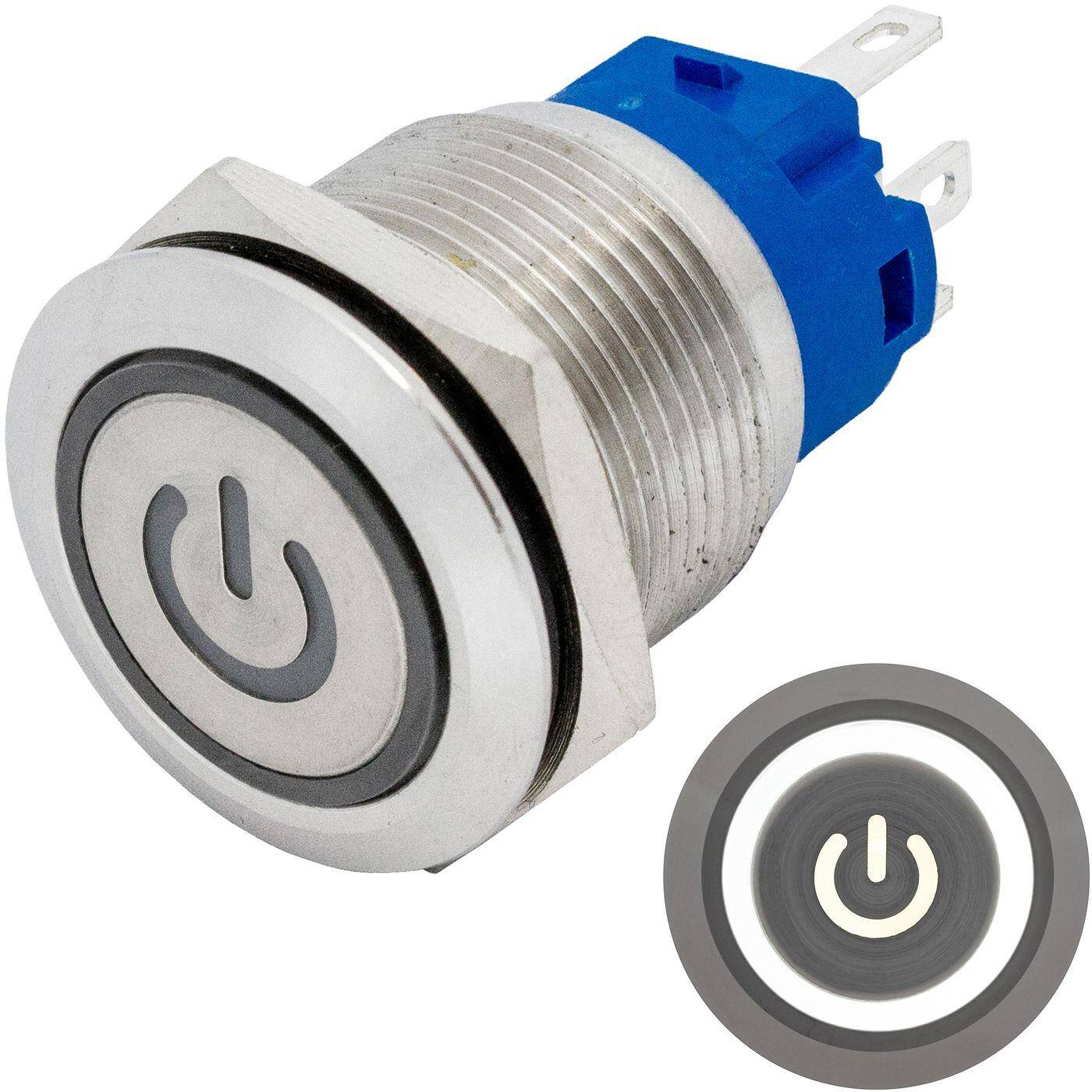 Lumonic Edelstahl Drucktaster flach 19mm Durchmesser I Mit einer Power LED in Kalt-Weiß Maße: 2,8x0,5mm Pin s 250V 3A I Vandalismussicher nach dem IP65 Standard