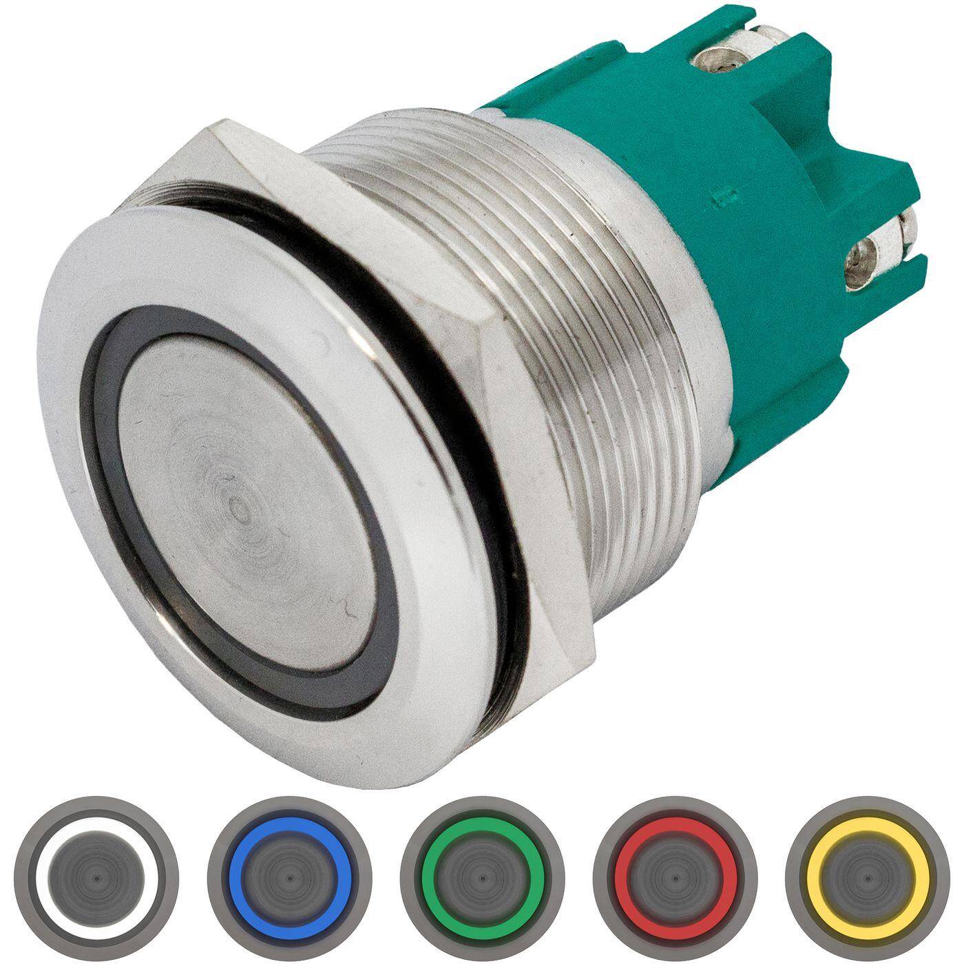Stainless steel Pressure switch Flat Ø25mm Ring LED Cold White IP65 Screw Connection 250V 3A Vandal-proof