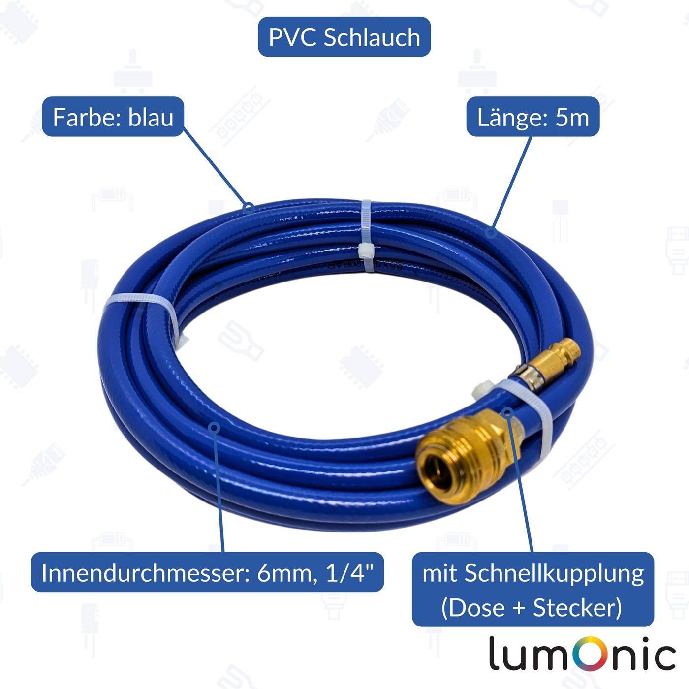 5m Druckluftschlauch mit Schnellkupplung 6mm PVC Druckluftverlängerung Dose & Stecker fertig konfektioniert flexibel, abriebfest und gewebeverstärkt 5m Druckluftschlauch mit Schnellkupplung 6mm PVC Druckluftverlängerung Dose & Stecker fertig konfektioniert flexibel, abriebfest und gewebeverstärkt