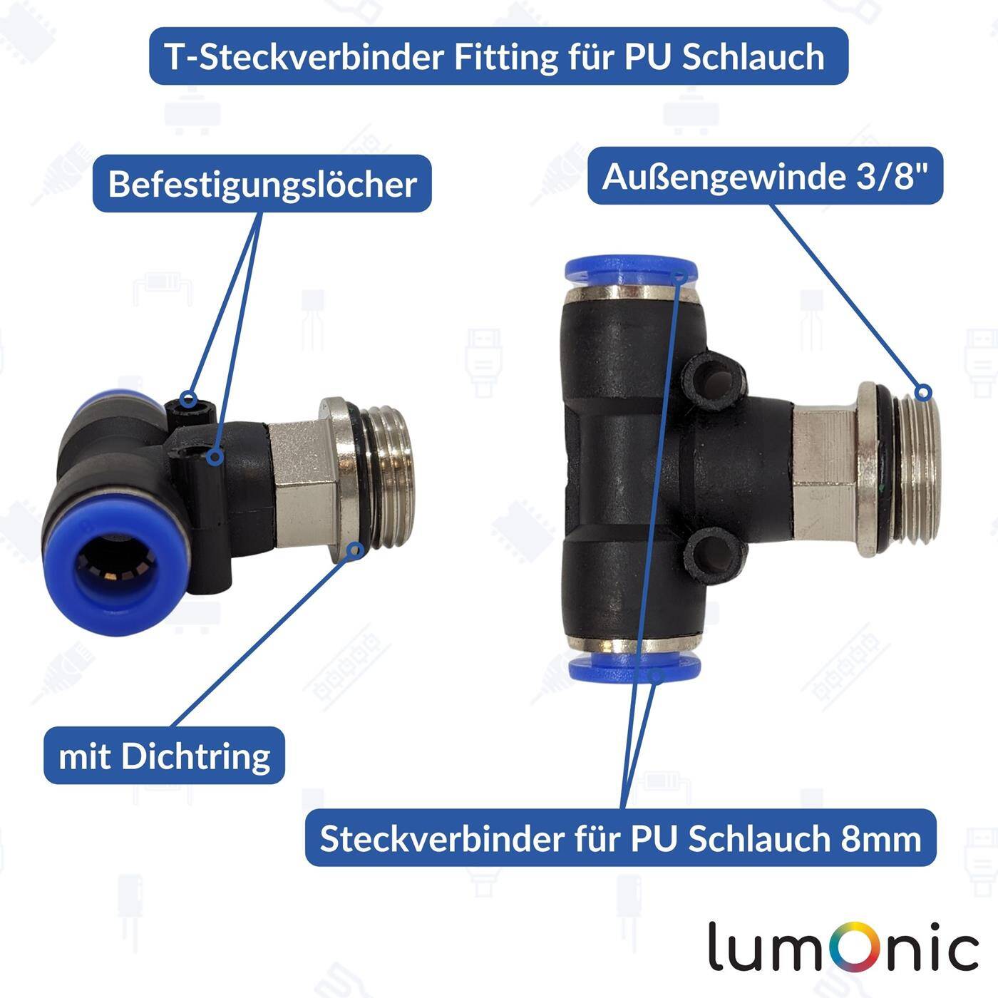 PU hose T-connector fitting with external thread 8mm*3/8inch T-piece Push-in Pneumatic plug connector T-distributor Compressed air