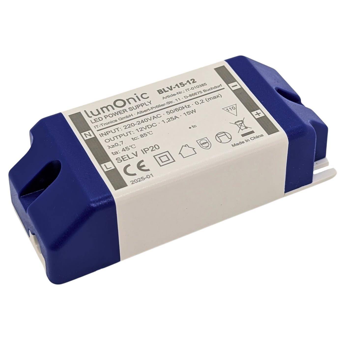Lumonic I LED transformer BLV-15-12 I 12V 15W I Input 220-230VAC I flicker-free I Overload protection I LED power supply unit I for LED lighting