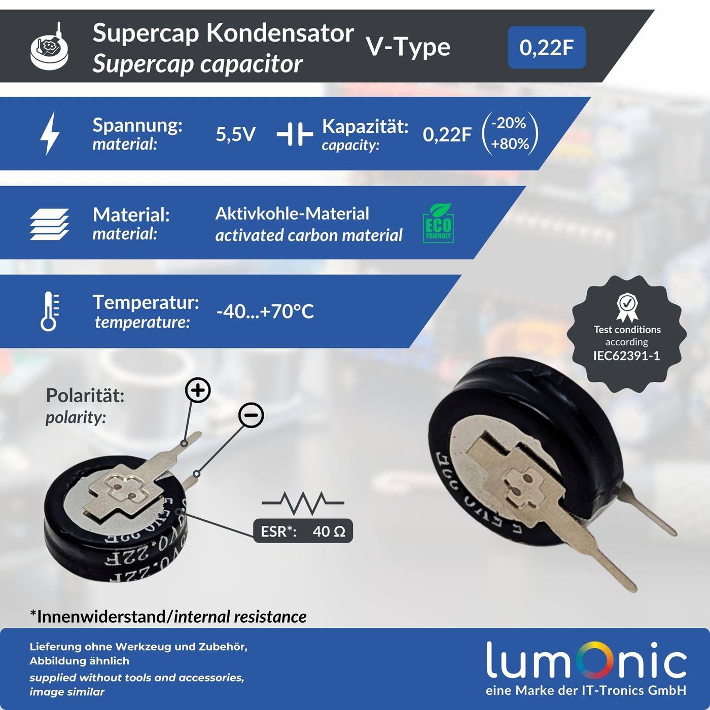 Lumonic 5x Supercap 0,22F 5,5V V-Type | EDLC for direct use, high capacity | 5.5V monoblock - no balancing necessary | Flicker protection, backup, PLC, heating