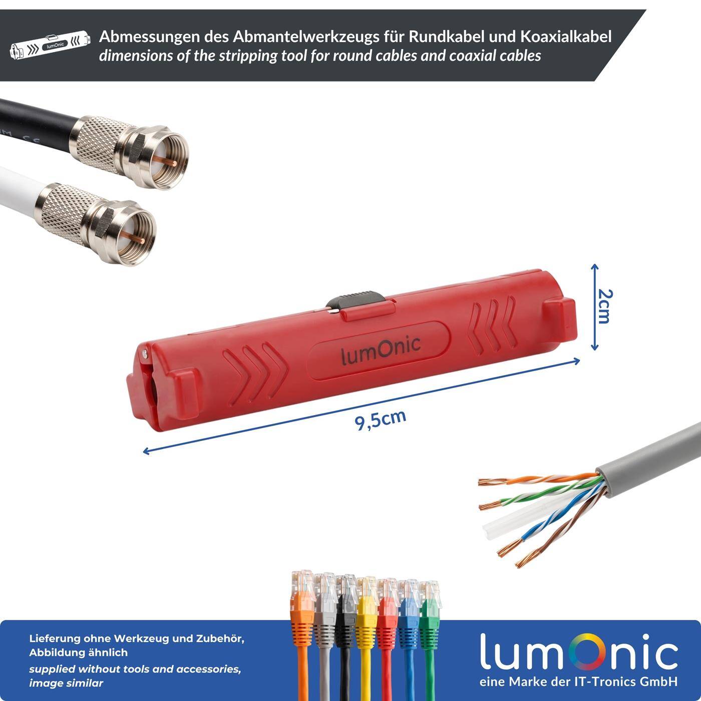 Lumonic Abmantelwerkzeug für Rundkabel und Koaxialkabel - Rundum-Anritzen mit quer sitzendem Klingenpaar, für Koaxialkabel und andere Rundkabel, Metallklingen, kompakte Bauform