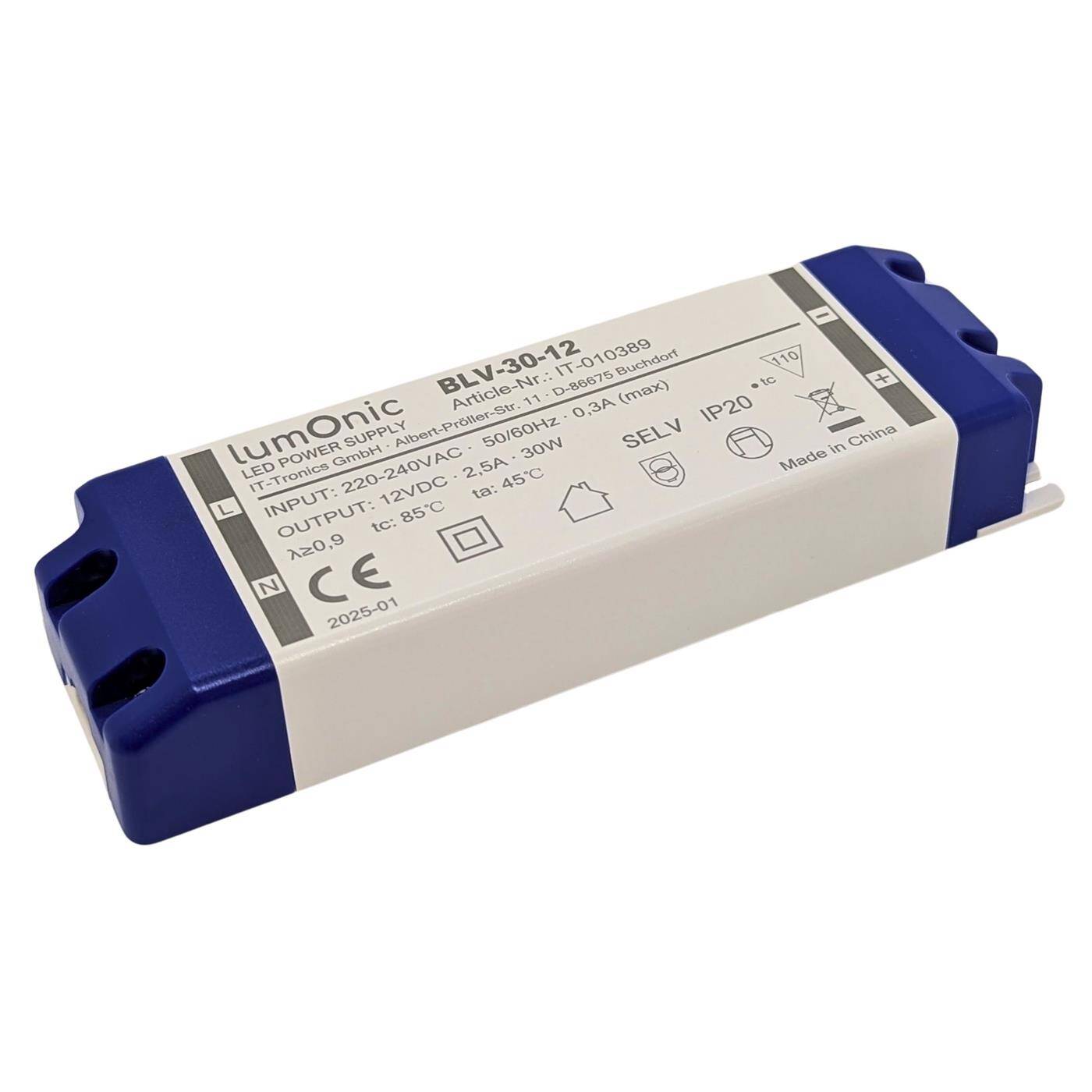 Lumonic I LED transformer BLV-30-12 I 12V 30W I Input 220-230VAC I flicker-free I Overload protection I LED power supply unit I for LED lighting