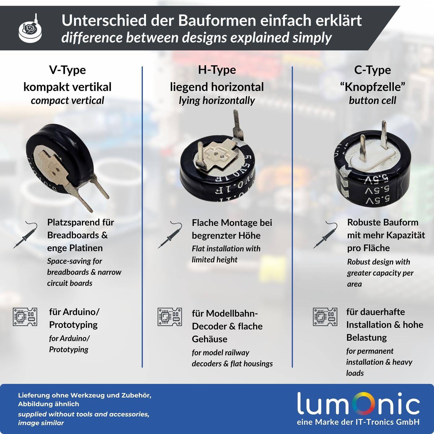 5x Supercap 4,0F 5,5V V-Type, direkt einsetzbarer EDLC, hohe Kapazität, 5,5V Monoblock - kein Balancing notwendig, Flackerschutz, Backup, Arduino, SPS, Heizung
