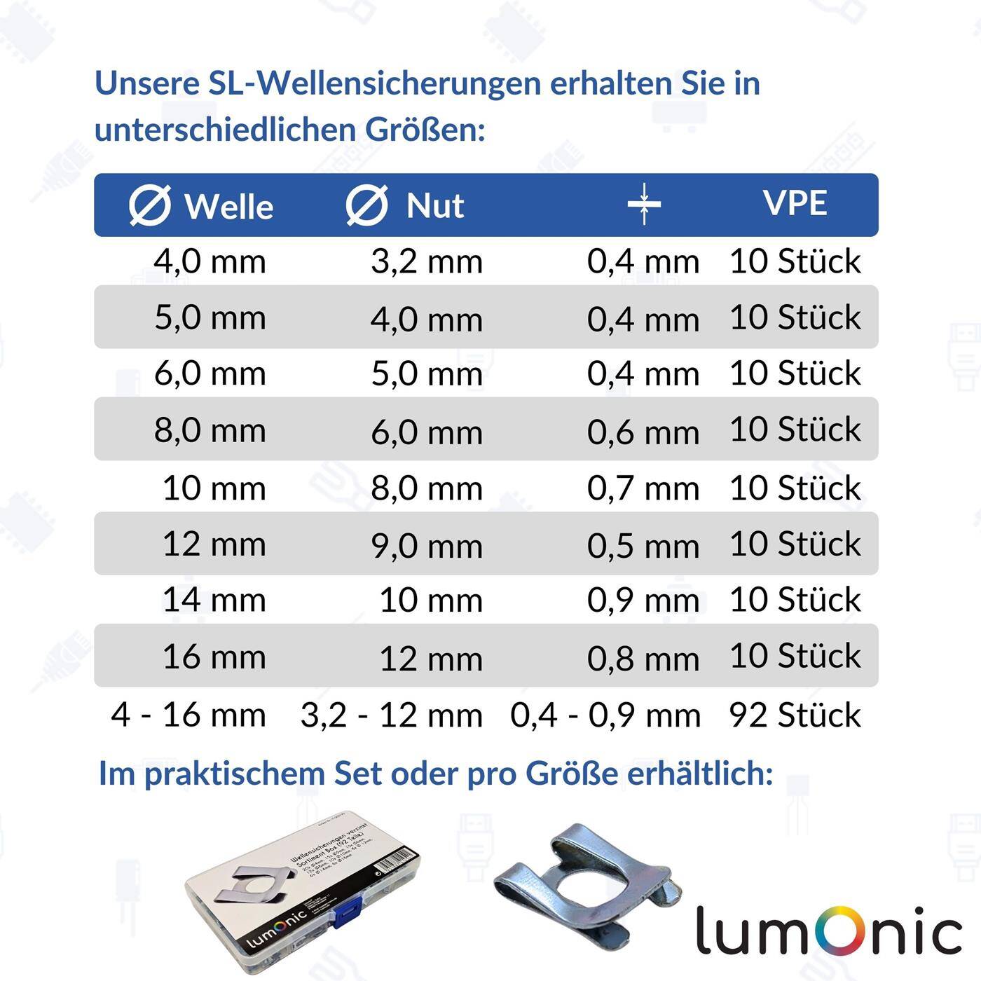Lumonic I SL-Sicherung I 10 Stück I für Durchmesser 8mm mit 6mm Nut I verzinkter Federstahl I für Wellen und Bolzen I Wellensicherung I einfache, werkzeuglose Montage