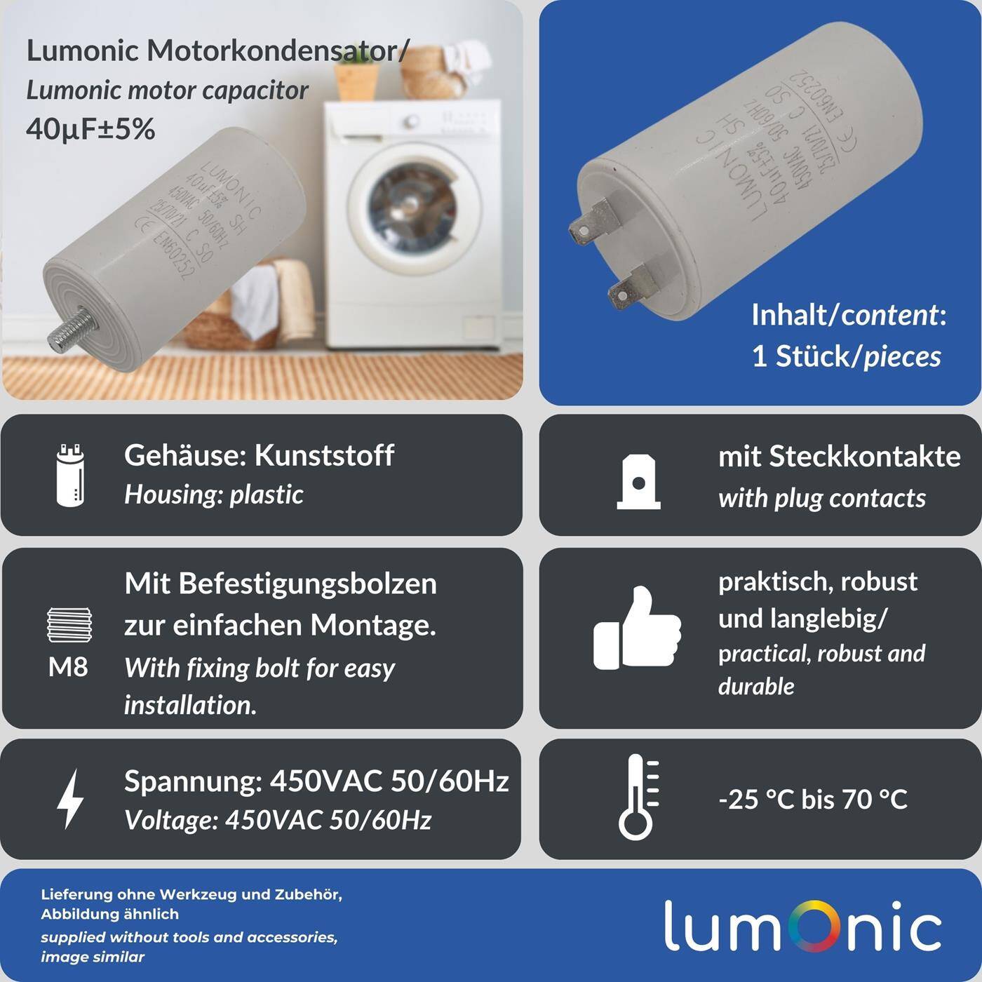 Lumonic Anlaufkondensator 40µF 450V | mit Stecker I 45x84mm I 40uF I Motorkondensator mit Kunststoffgehäuse I Betriebskondensator I für Pumpen, Rasenmäher, Werkzeuge