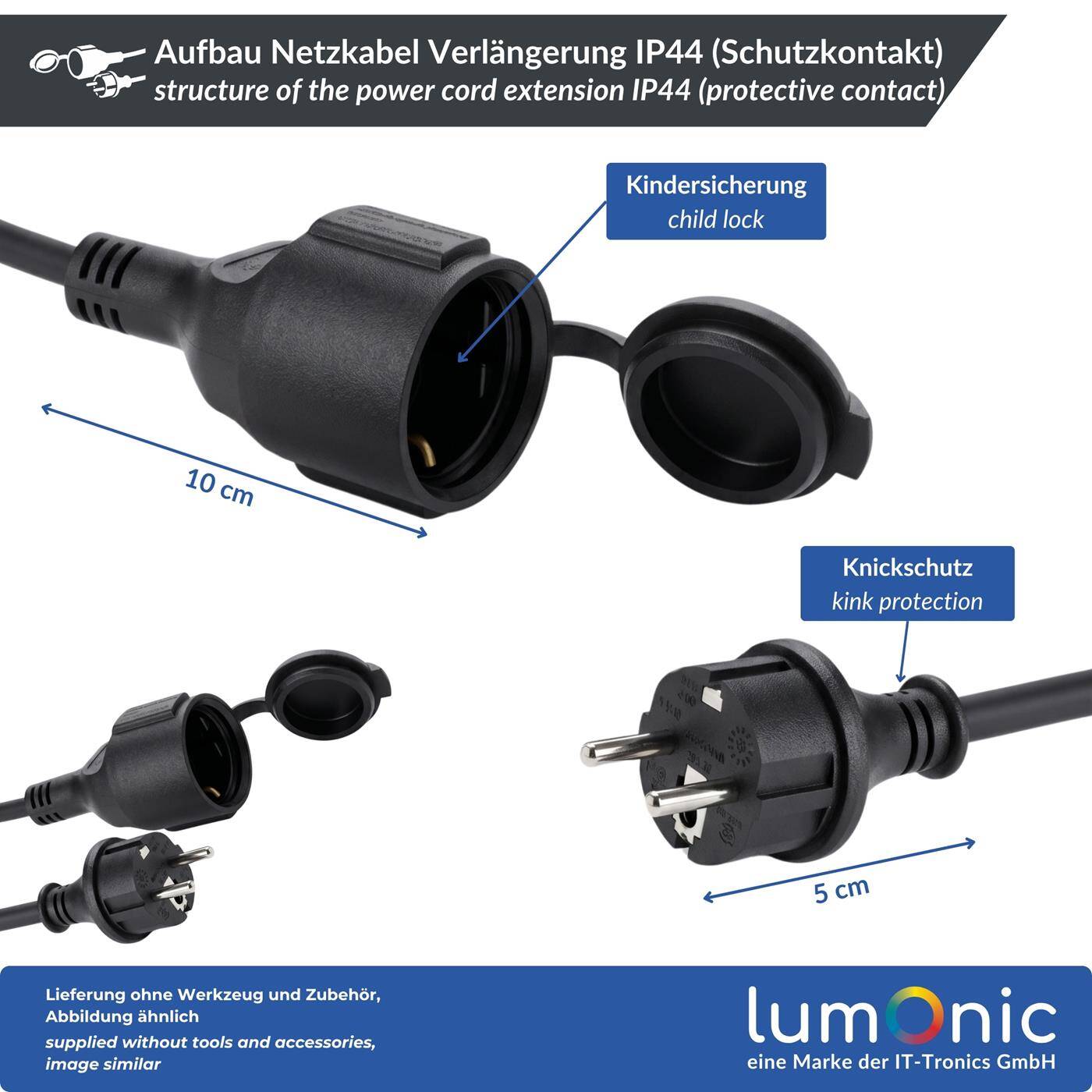Lumonic Schuko Verlängerungskabel IP44 Gummi, Schwarz 15 m, 230 V - Flexibler Gummimantel, für Garten und Werkstatt, spritzwassergeschützt nach IP44, Buchse mit Schutzkappe und Kindersicherung