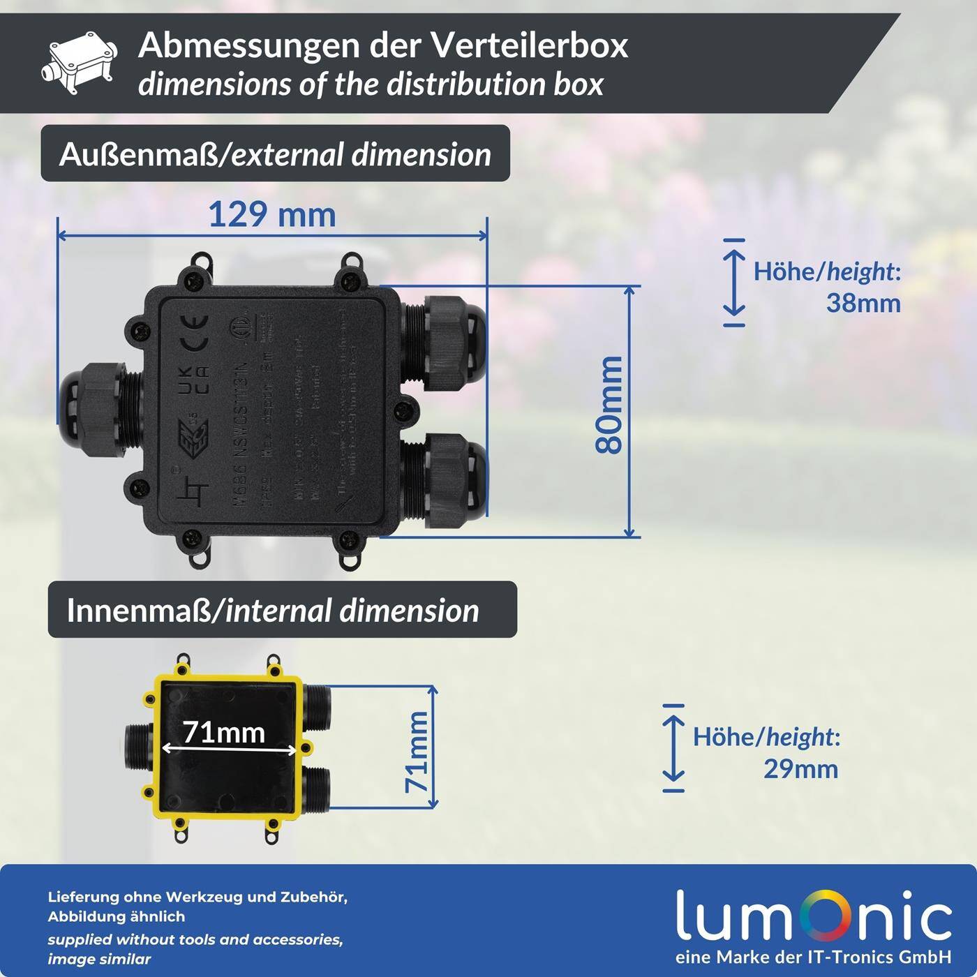 Lumonic 3-way Y junction box watertight IP68 | Fast, secure cable distribution | for cables 0.5-2.5mm² | UV-resistant, -40°C to+ 105°C | Junction box for outdoor, garden, underground cable