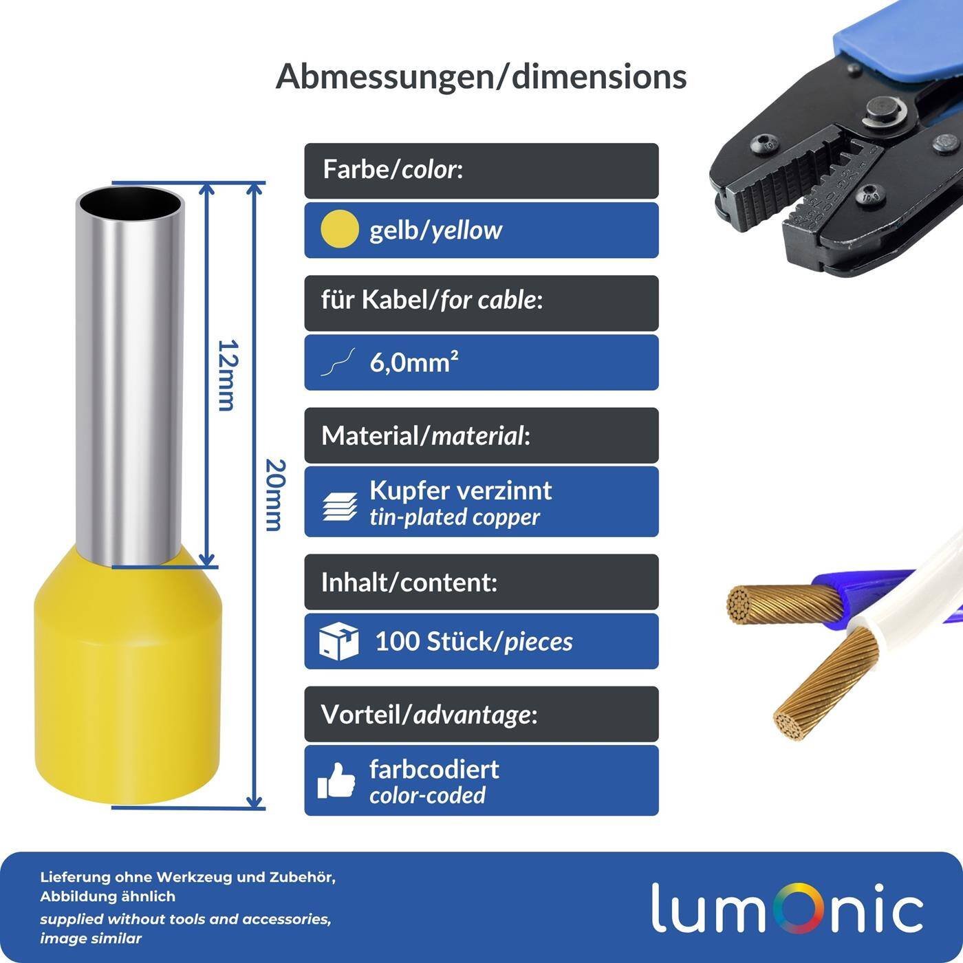 100x Aderendhülse isoliert 6mm² Gelb Kupfer verzinnt 3,5x12mm Hülse