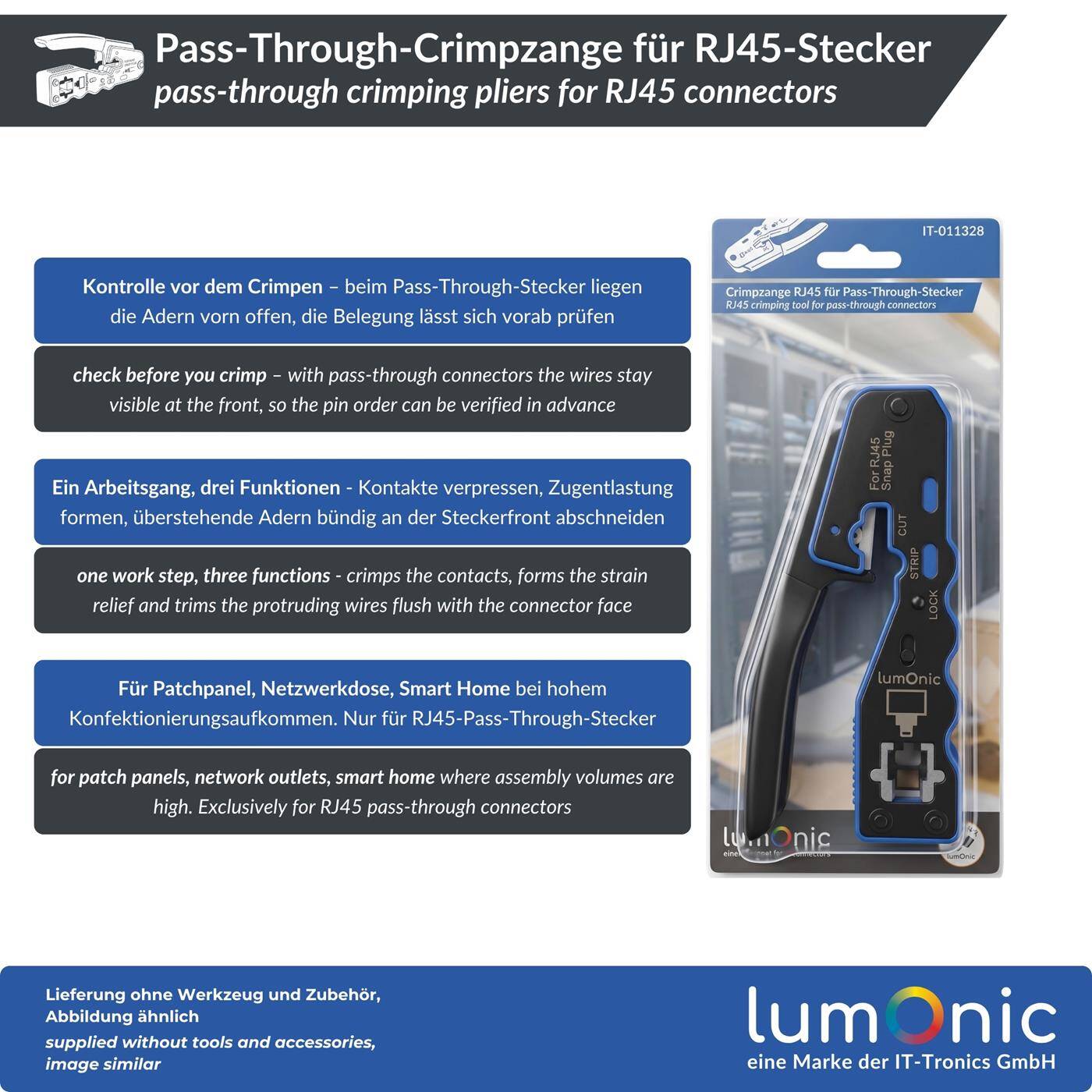 Lumonic Pass-Through Crimping Pliers for RJ45 Connectors - for pass-through connectors, metal body, crimping and front-end cutting in a single operation, all CAT classes