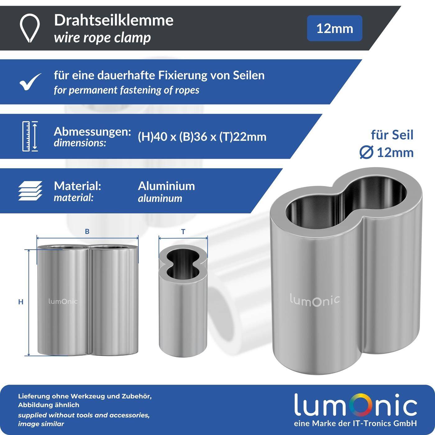 Lumonic Pressklemme für Ø12mm Drahtseil | Aluminium | Doppelhülse | Seilklemme, Würgeklemme für Drahtseil, Seil | Drahtseilklemme für Rankhilfe, Wäscheleine, Lampen, Sichtschutz, Sonnensegel, Zaun, Pflanzenhalterung