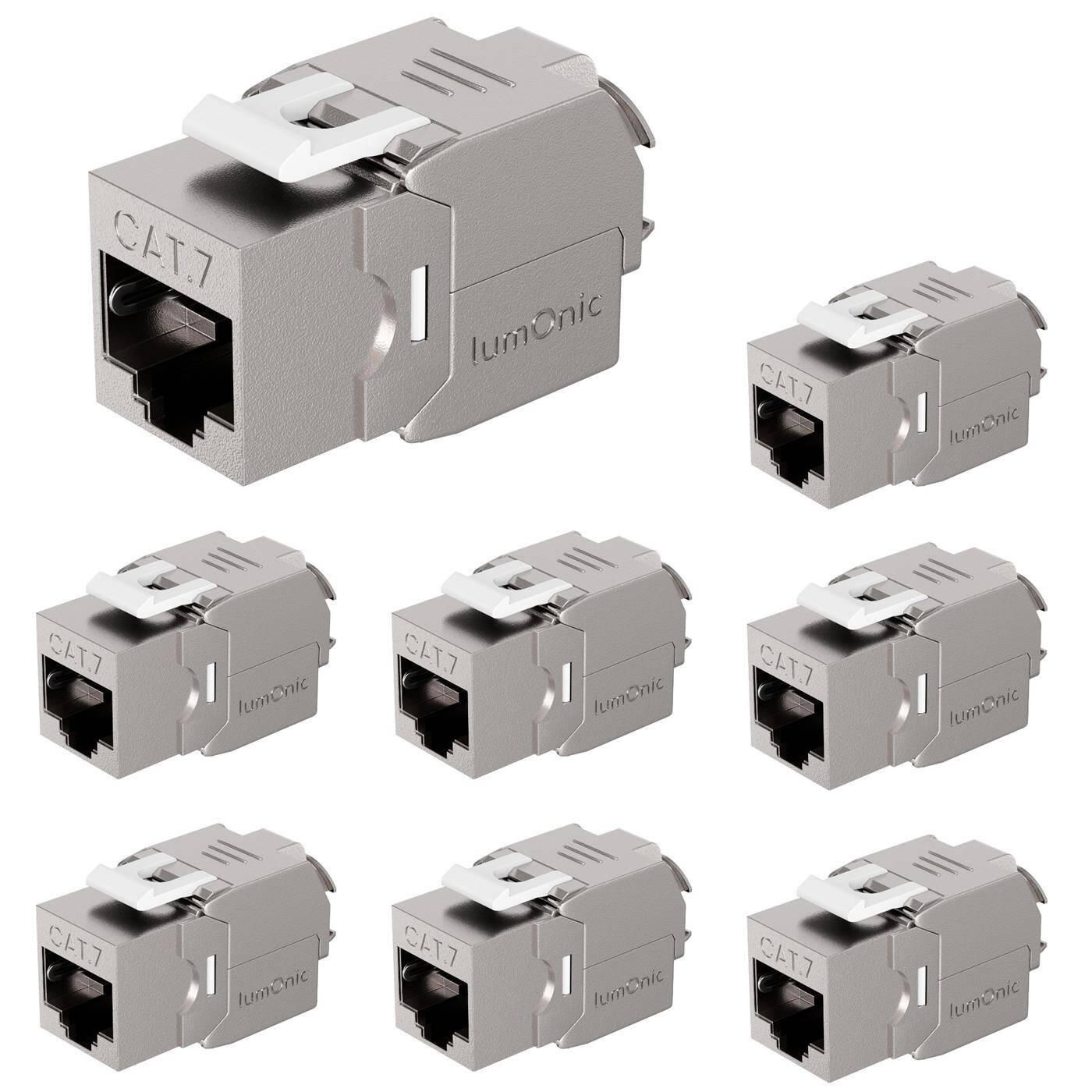 Lumonic 8er Set Keystone RJ45 CAT7 | werkzeuglose Montage | T568A/B farbcodiert | für Wanddose + Patchpanel | PoE++, bis 10Gbit/s | 360° Schirmung | Zugentlastung mit Kabelbinder | Metallgehäuse