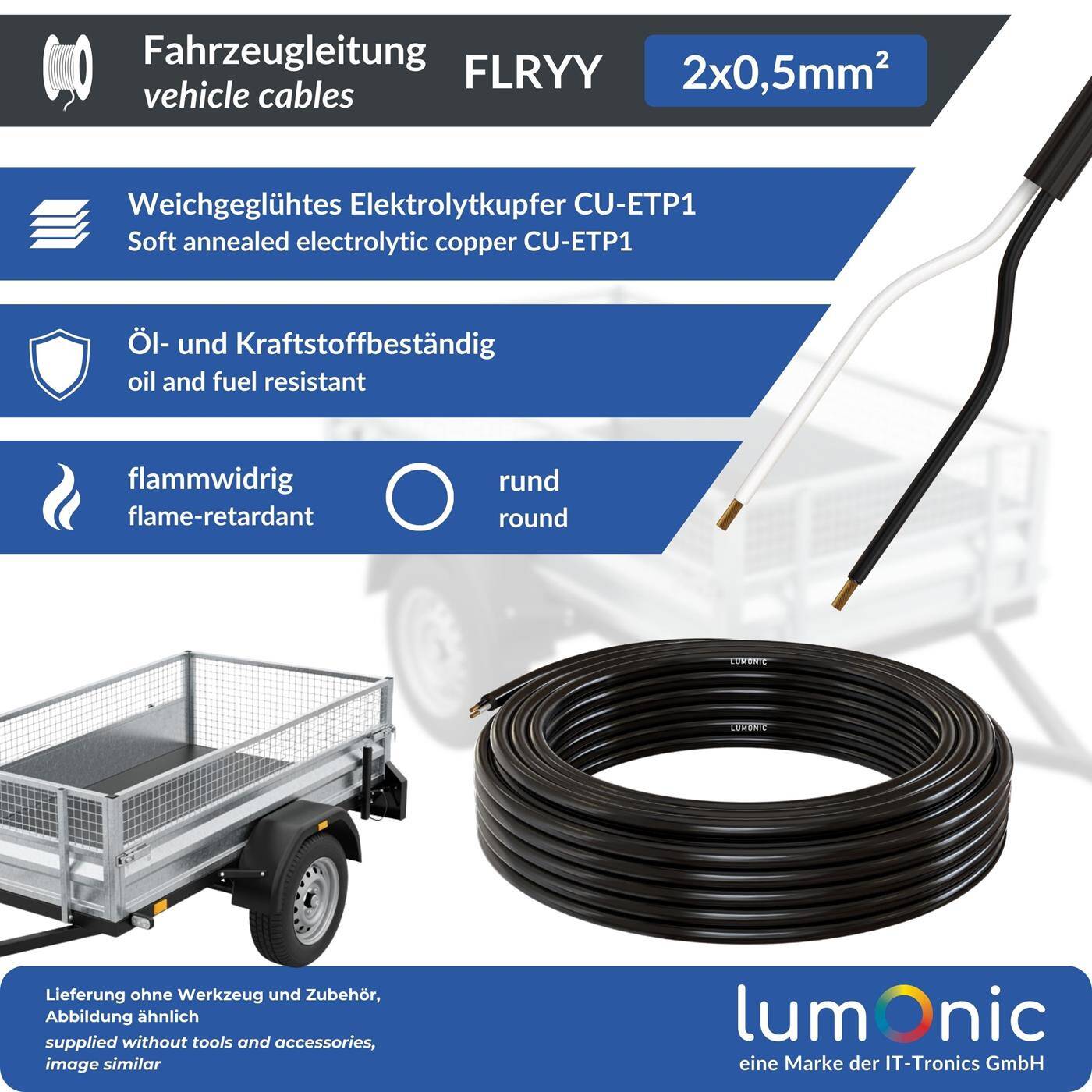 Lumonic 1m FLRYY Fahrzeugleitung 2x0,50mm² schwarz | 2-adrig | Anhängerkabel | mehradriges KFZ-Kabel | Öl- und Kraftstoffbeständig, flammwidrig | Niedervolt