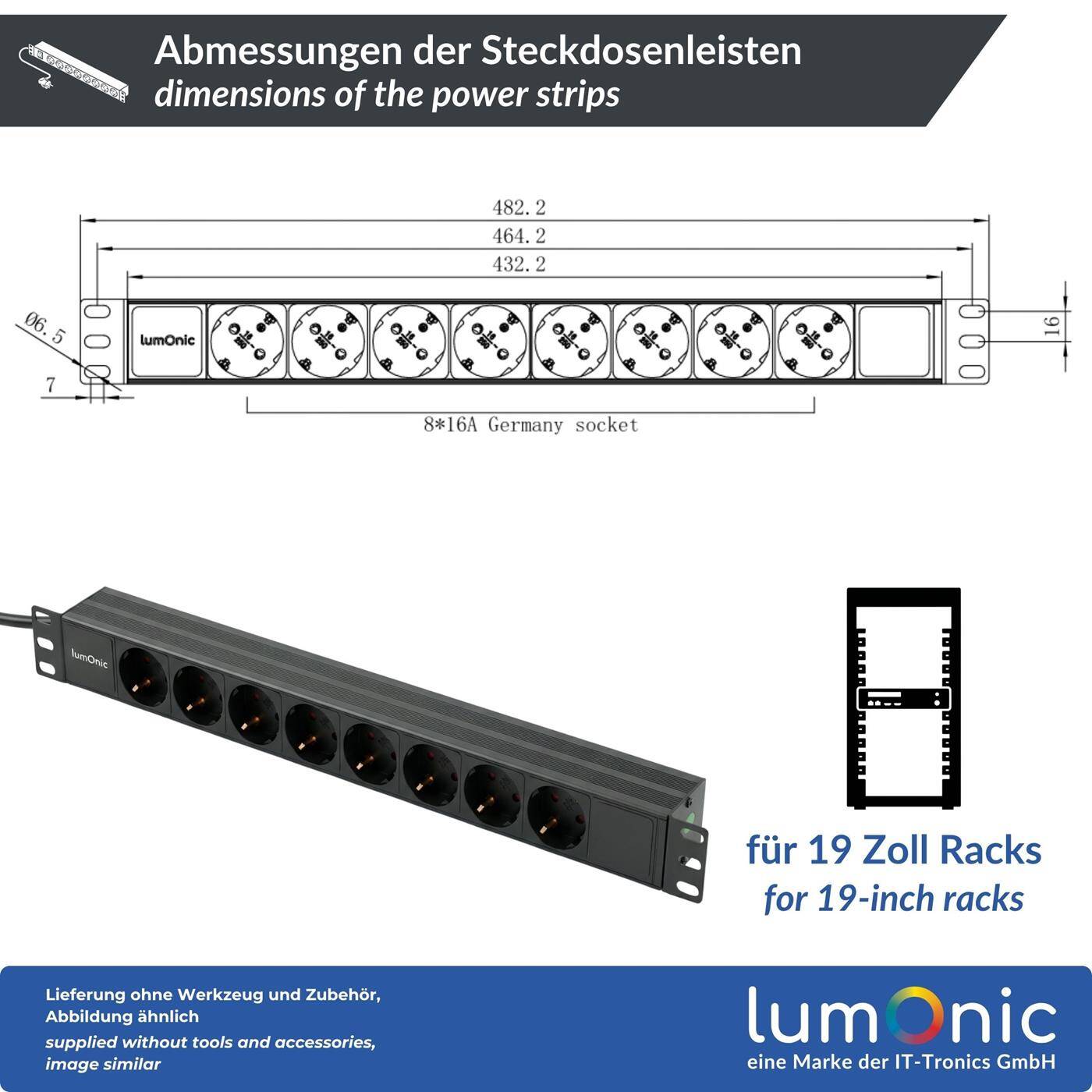 Lumonic 19" socket strip | PDU 8-fold | without switch | 1U, aluminum alloy, black | 2m connection cable 3G1.5 | 45° Schuko socket outlet | short term max. 3680W | Rack, server cabinet