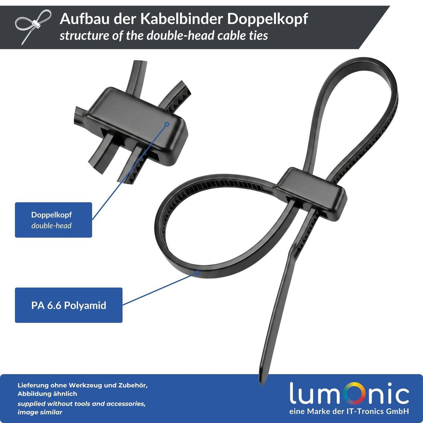 Lumonic 100 Stück Kabelbinder Doppelschlaufe  | 200 × 4,8mm | bis 22kg Zugfestigkeit | Nylon PA6.6, UV-Beständig | Zwei Bündel an einem Fixpunkt | Kabelmanagement, Industrie, Haushalt