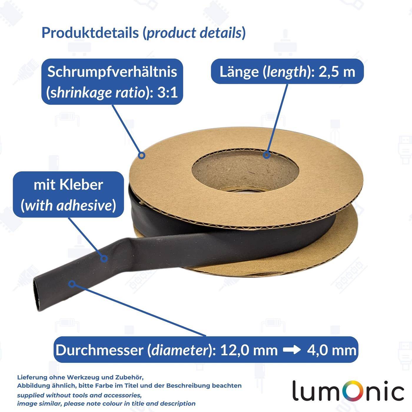 Lumonic 2,5m Schrumpfschlauch Box 3:1 mit Kleber Schwarz - Hier von: 12mm auf 4mm - Dickwandiger Schrumfpschlauch in verschiedenen Größen