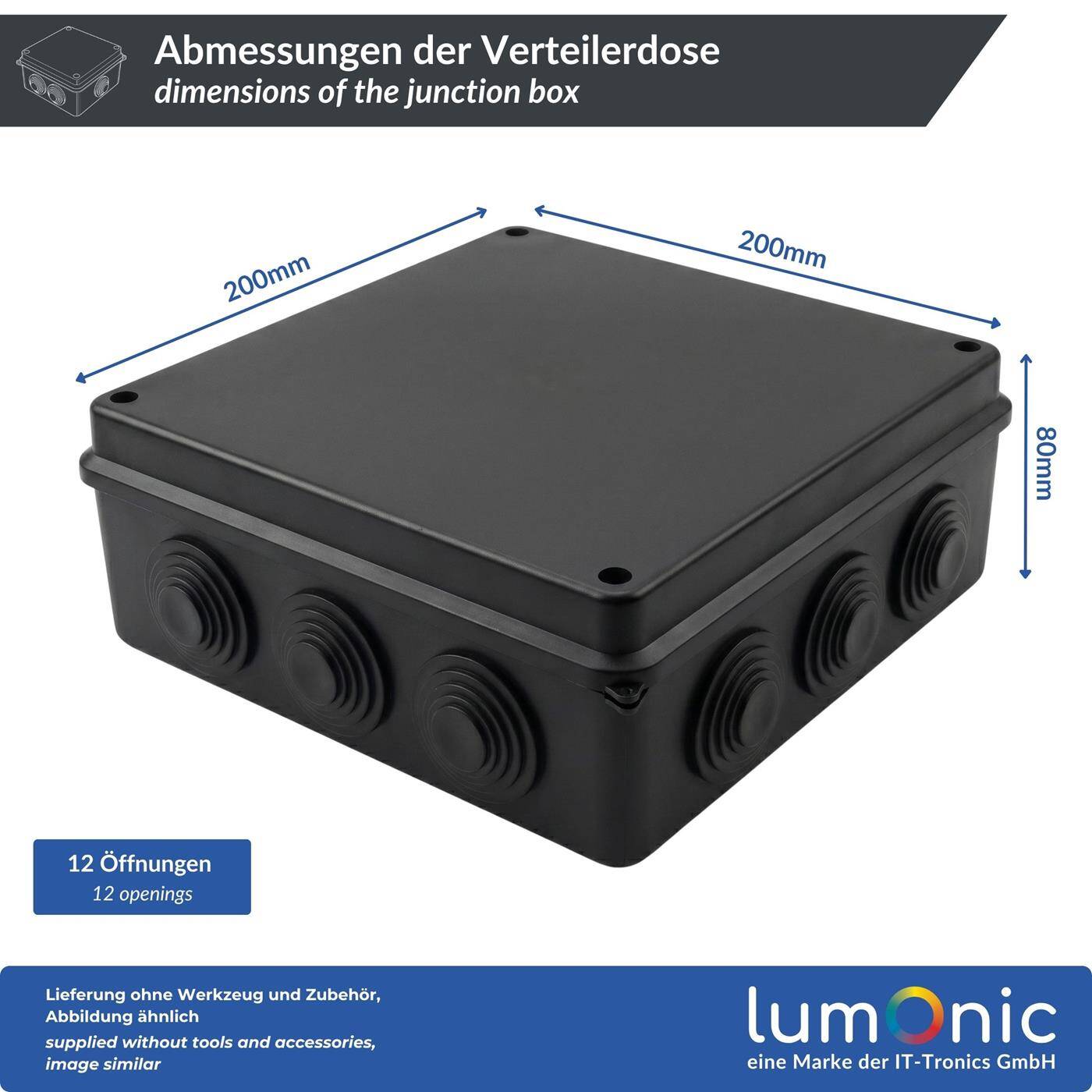 Lumonic Surface-mounted junction box IP65 black | extra large, 200x200x80mm, 12 cable entries | Screwed lid | High-quality PVC | Large interior space for top-hat rails, terminal blocks and actuators