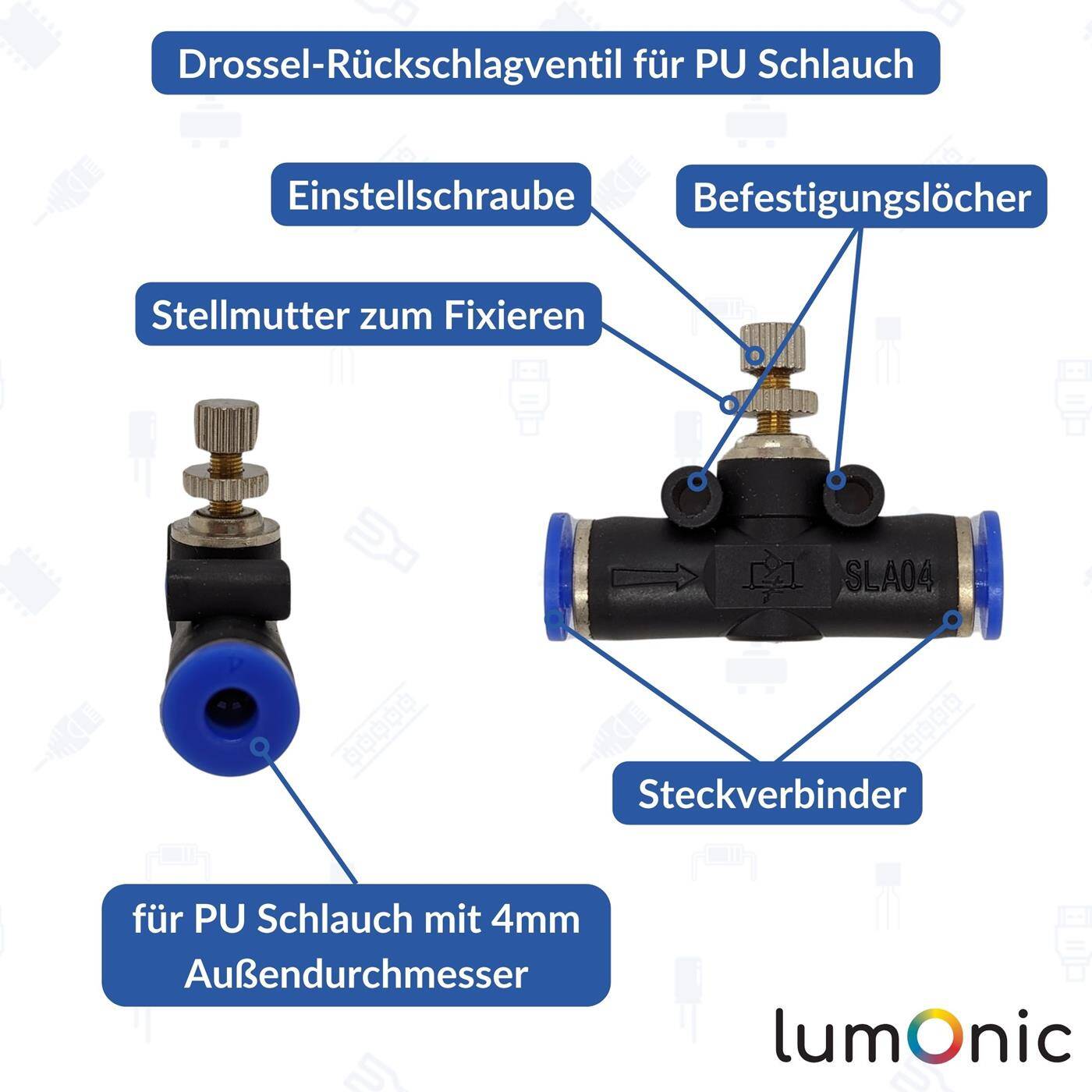 PU Schlauch Drossel-Rückschlagventil mit Steckverbinder 4mm pneumatisches Drosselrückschlagventil Drosselventil Druckluft & Automatisierung