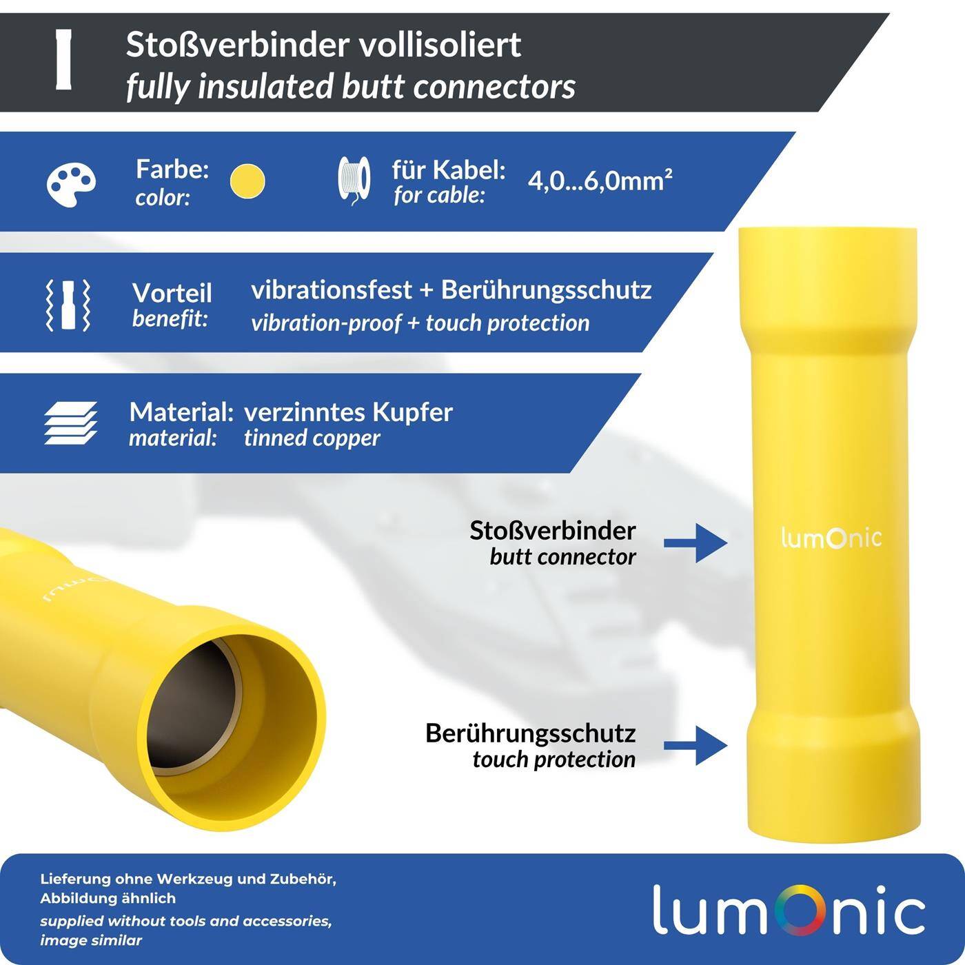 25x Butt connector fully insulated 4-6mm² Yellow Crimp connector Copper tinned