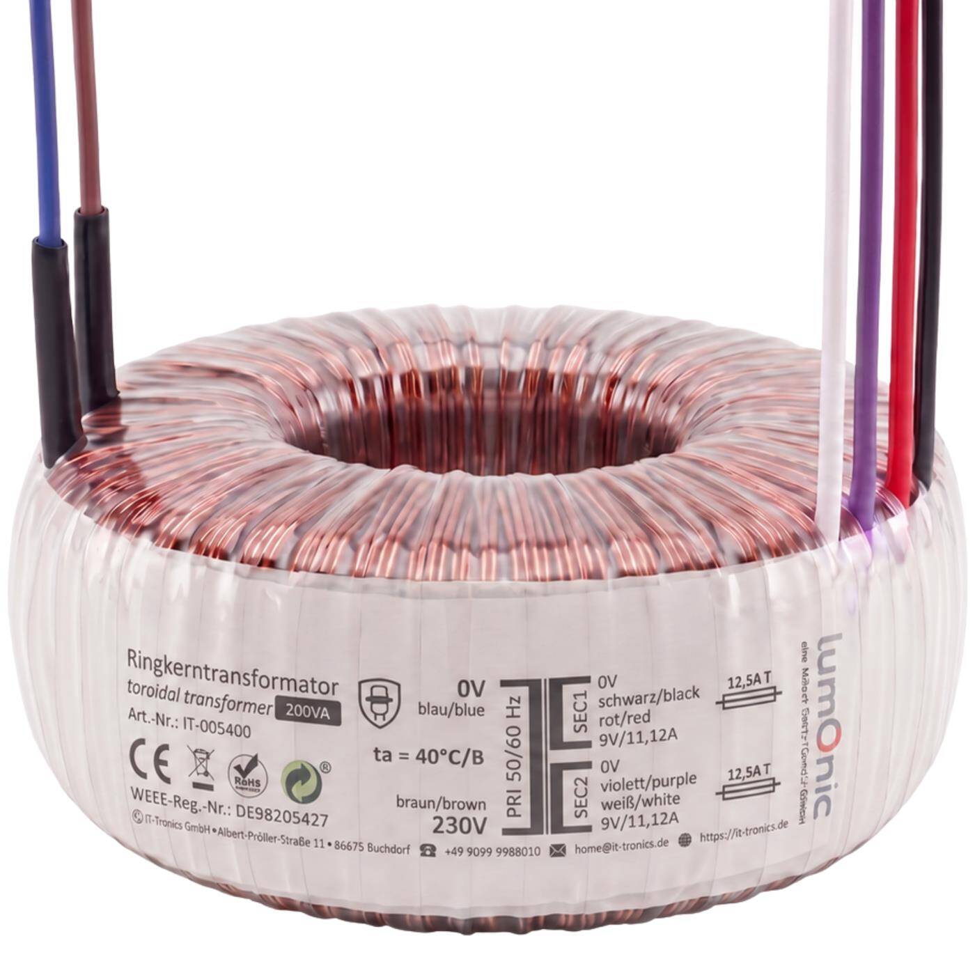 Lumonic Ringkerntrafo Transformator 200VA | Primär 230V AC | Sekundär 2x 9V AC oder 1x 18V AC | Brummarm | Transformator für HiFi Audio Verstärker
